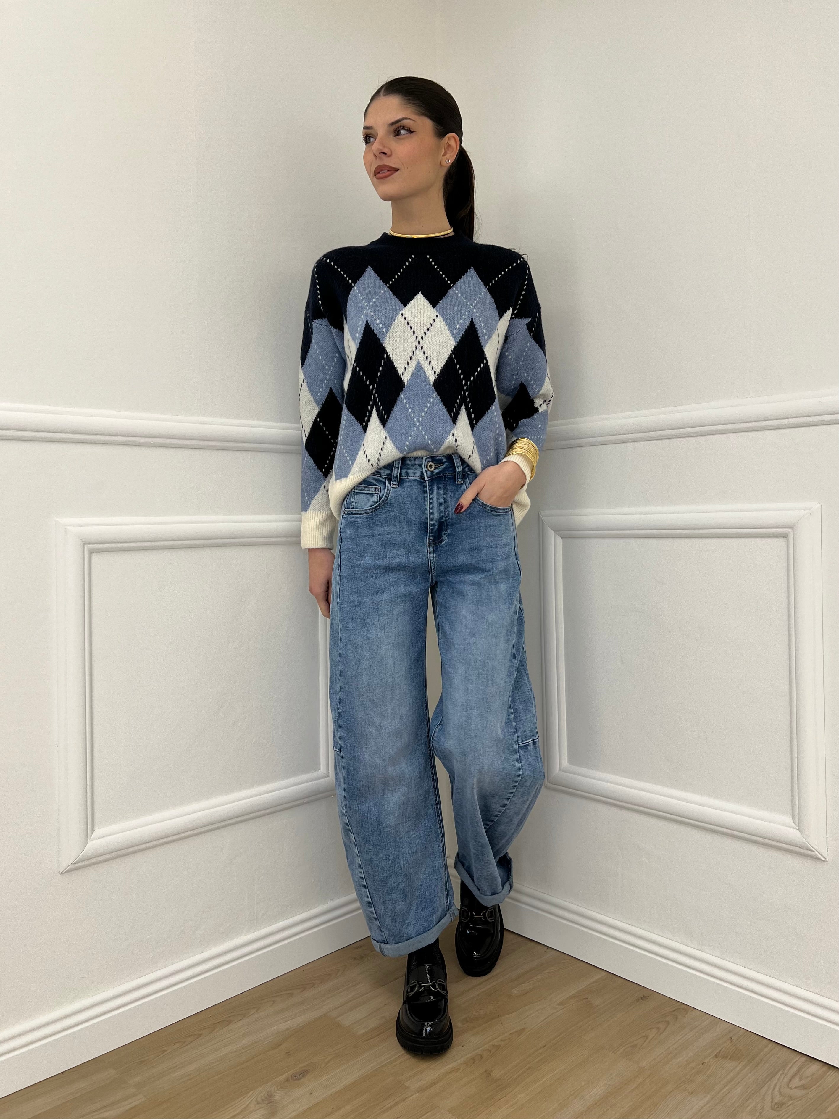 Maglia Over Losanghe L8075 Blu