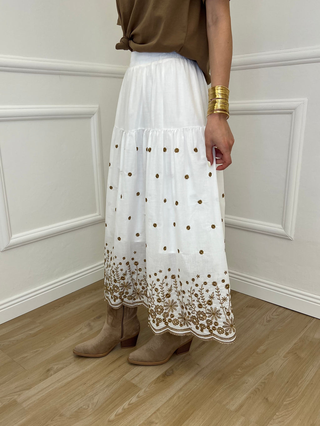 Gonna Midi Cotone Ricami 50138 Bianco