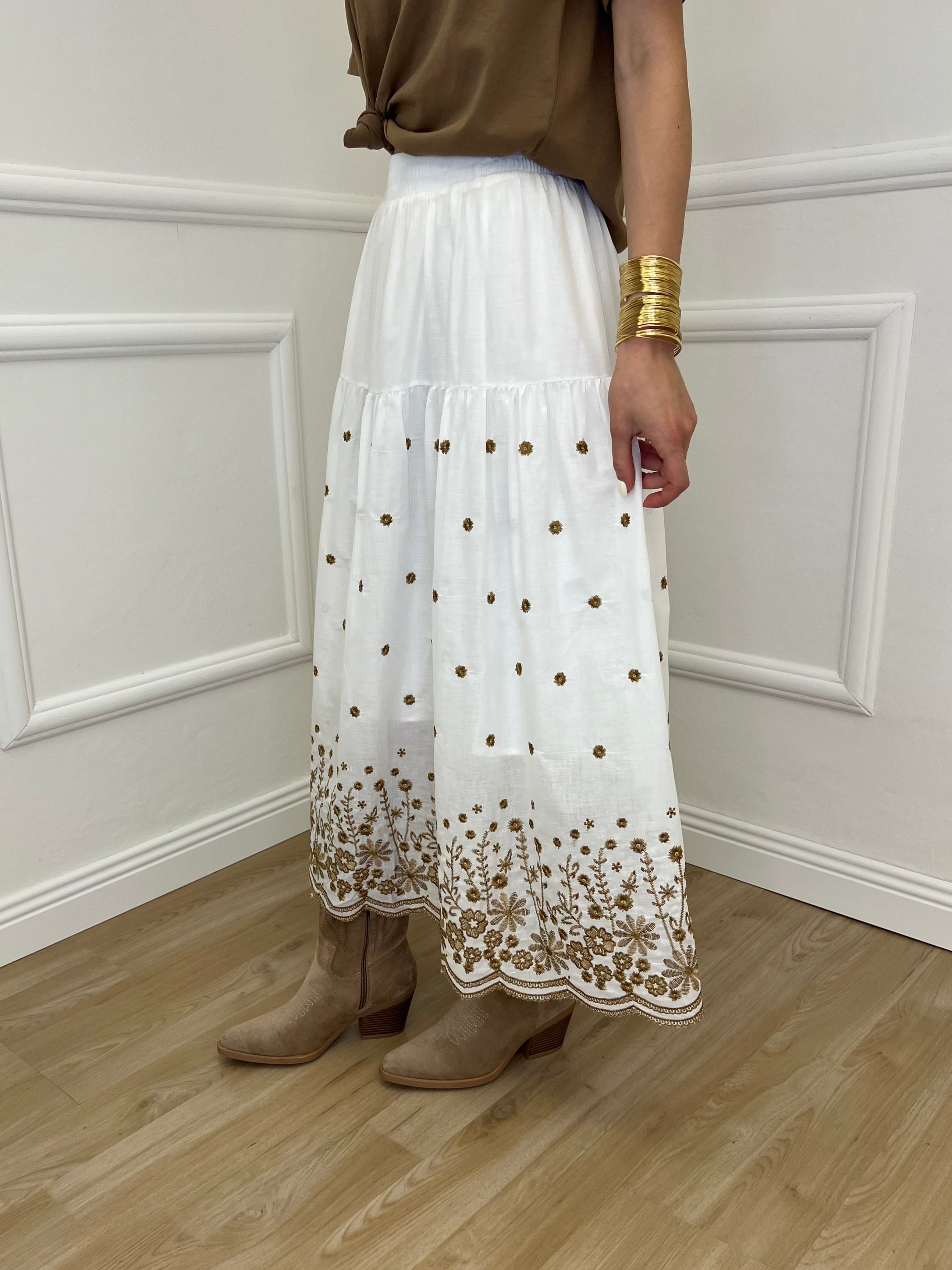 Gonna Midi Cotone Ricami 50138 Bianco