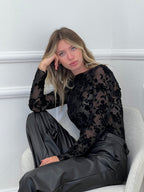 Top in Tulle con Ricamo Floreale 25855 Nero