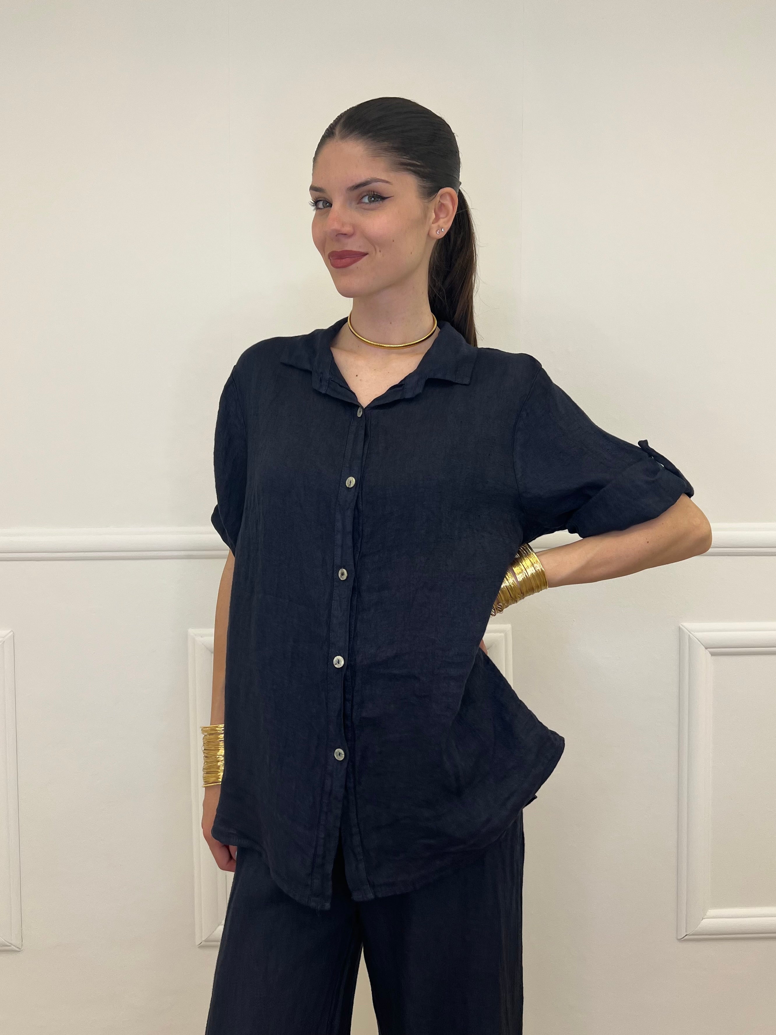 Camicia Maniche 3/4 in Lino 89517 Blu