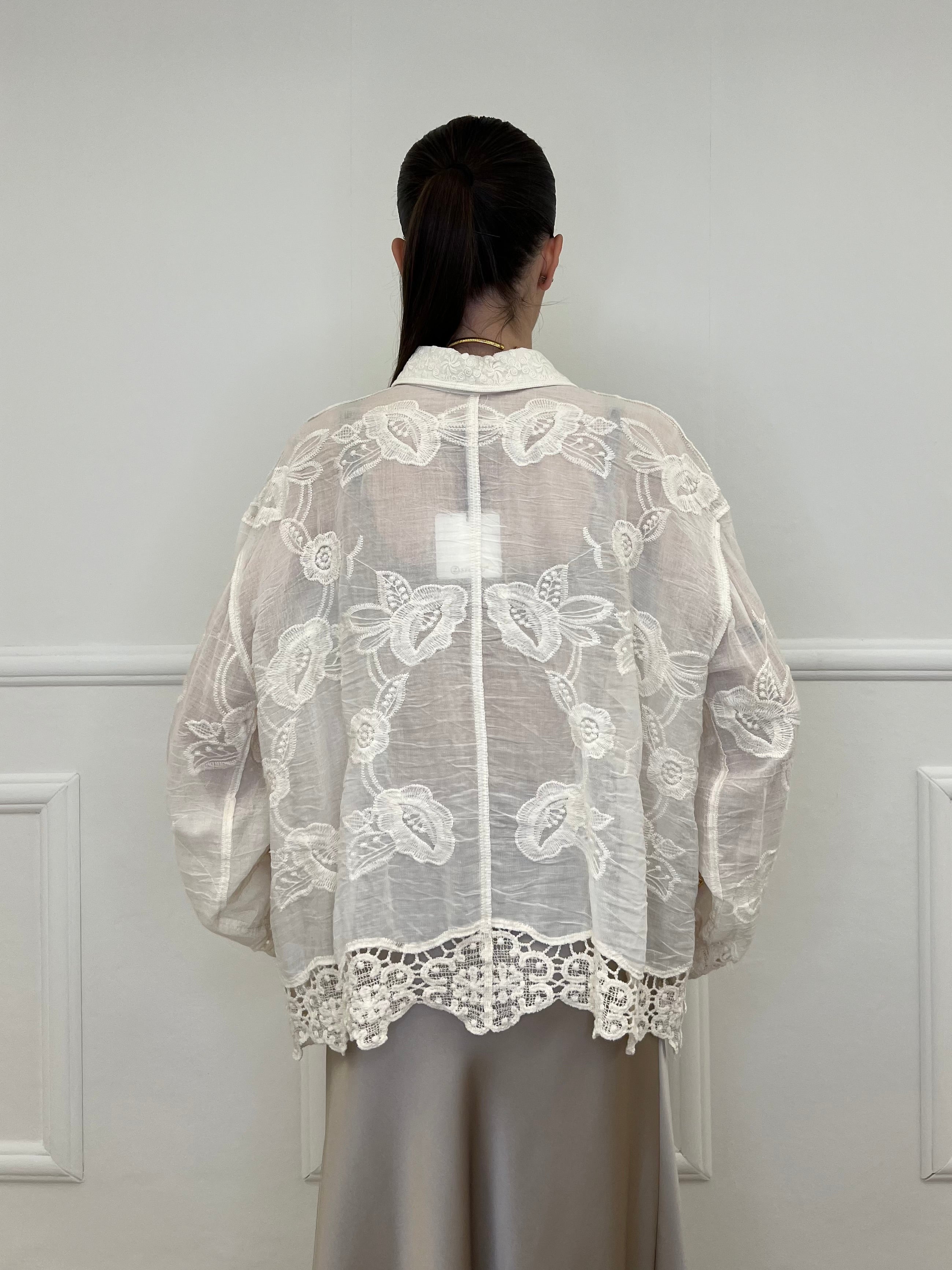 Camicia Ricami Inserti Crochet 48036 Panna