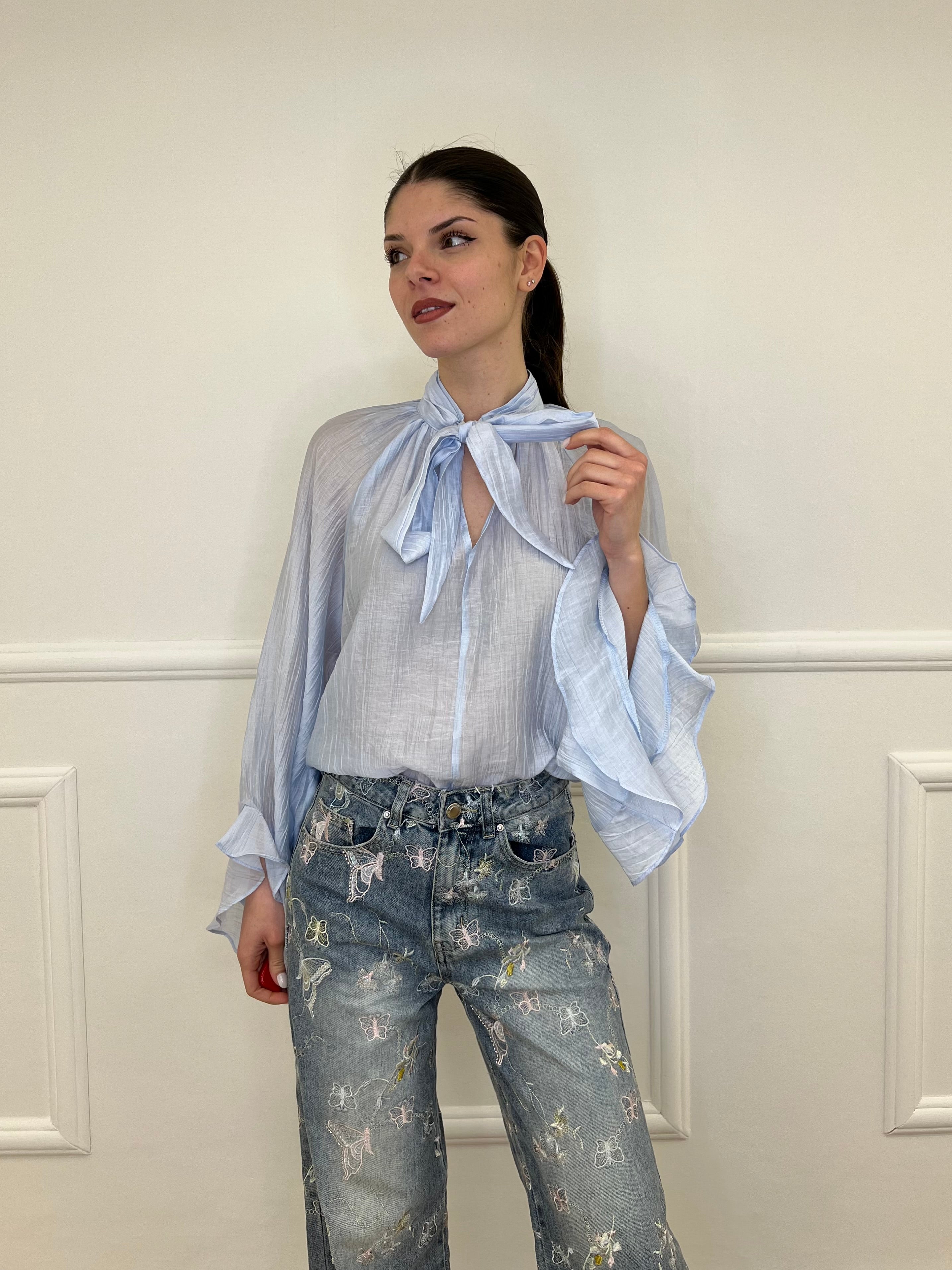 Camicia in Tencel con Fiocco 2608 Azzurro