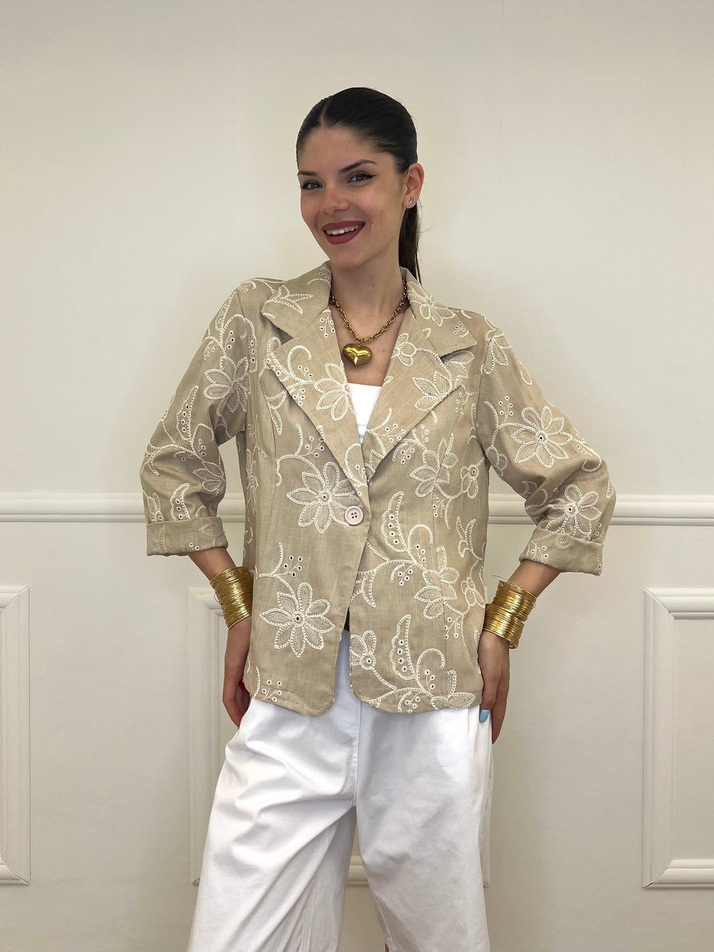 Blazer Ricamato in Lino e Viscosa 11353 Ecru
