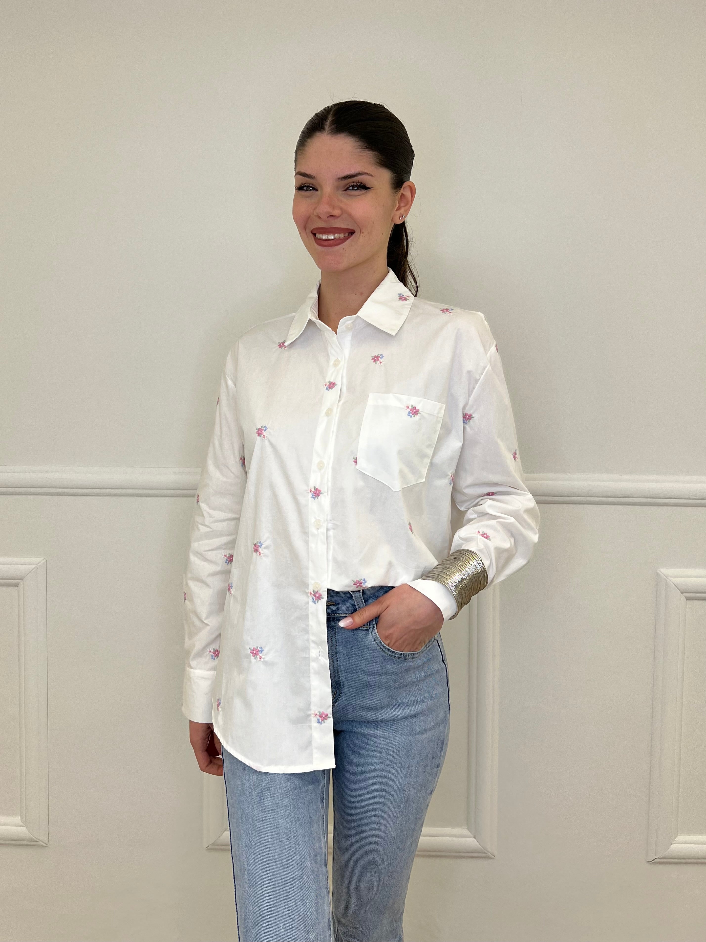 Camicia Ricami Fiori 17195 Bianco