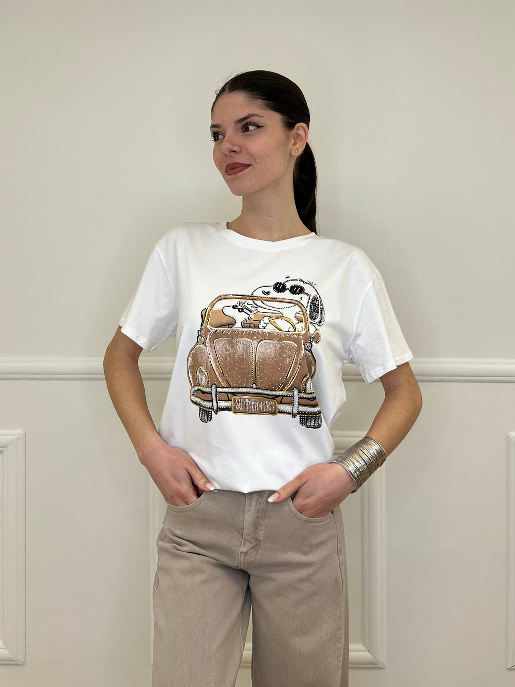 T-shirt Over Snoopy Con Strass