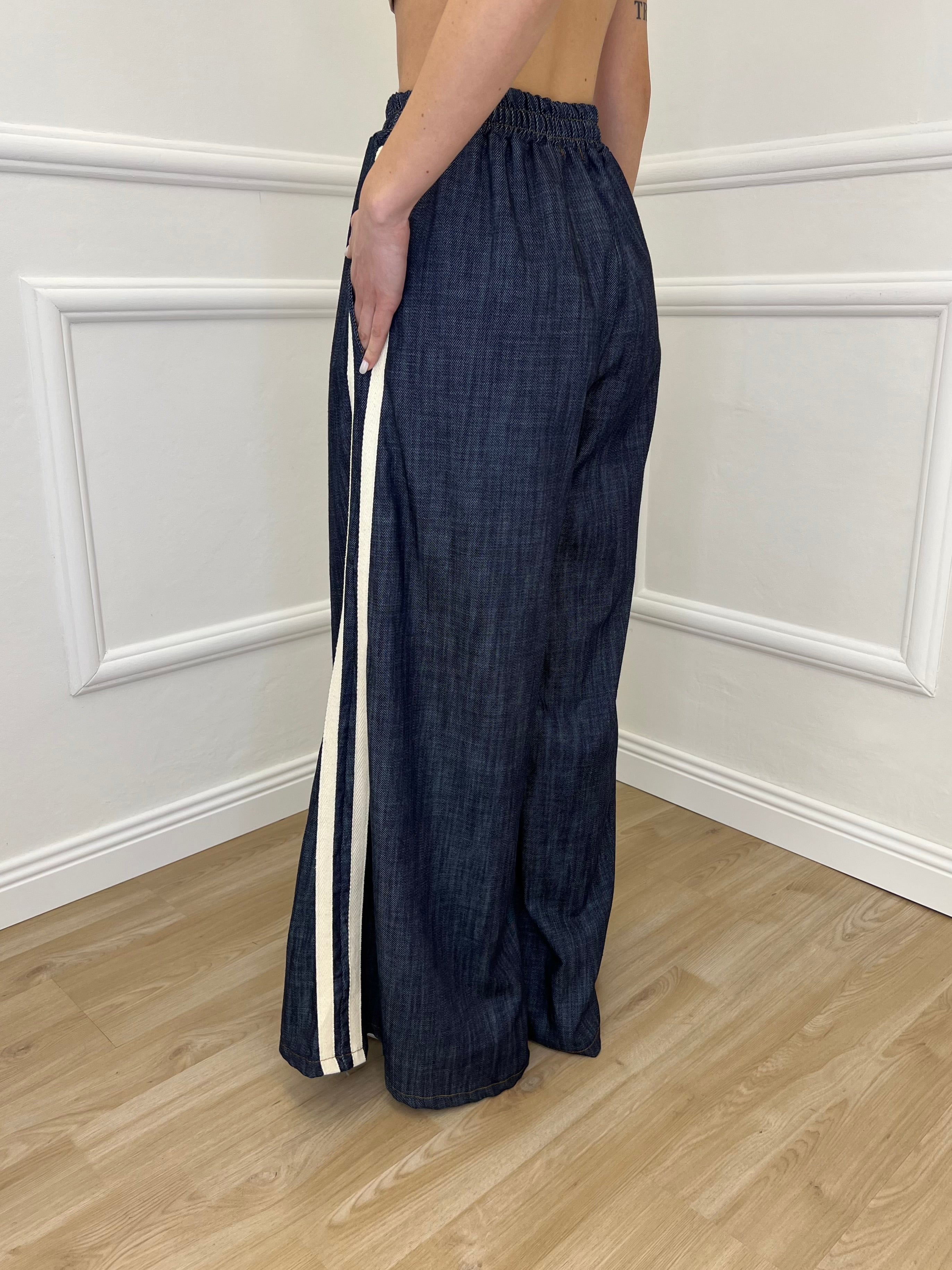 Pantalone Chambray Coulisse A7809 Blu