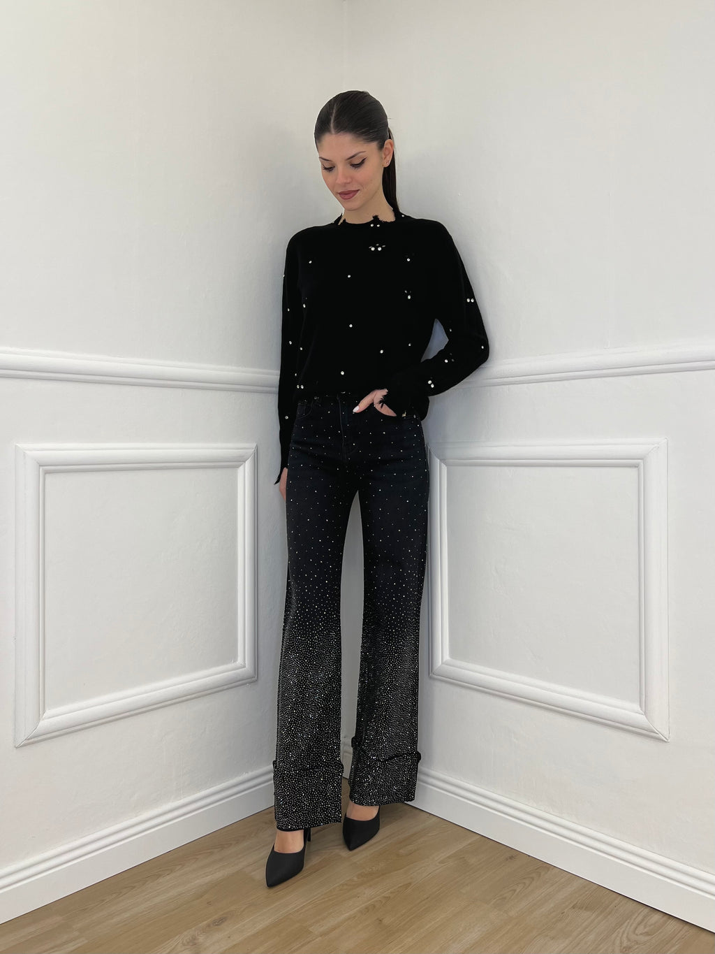 Jeans Strass con Risvolto 2382 Nero