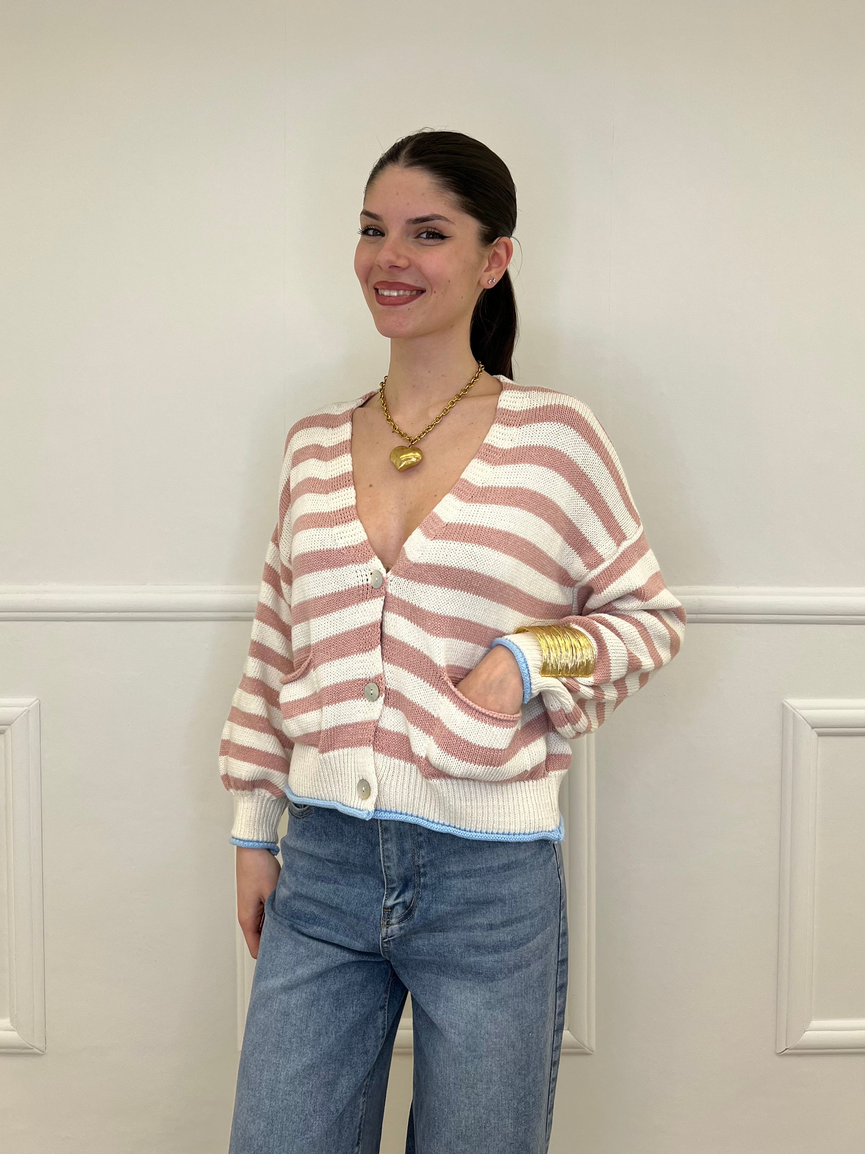 Cardigan Scatoletta Righe 10667 Rosa