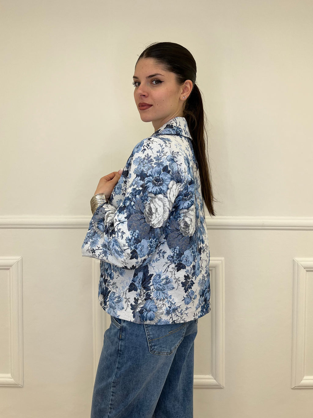 Giacca Jacquard Fiori 943-999 Azzurro