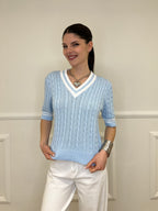 Maglia Trecce Profili a Contrasto 9467 Azzurro e Bianco