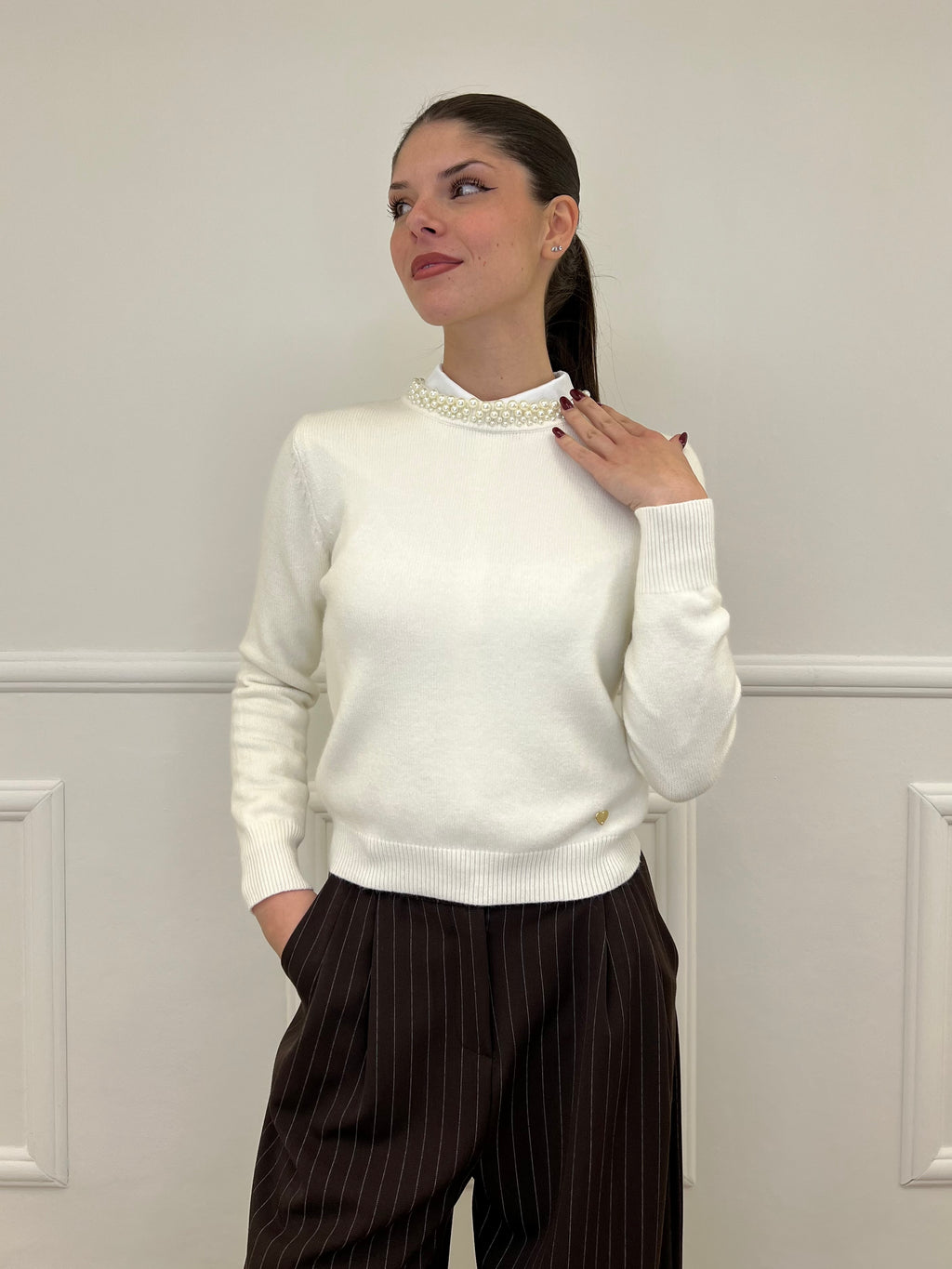 Maglia Collo Perle 25224 Panna