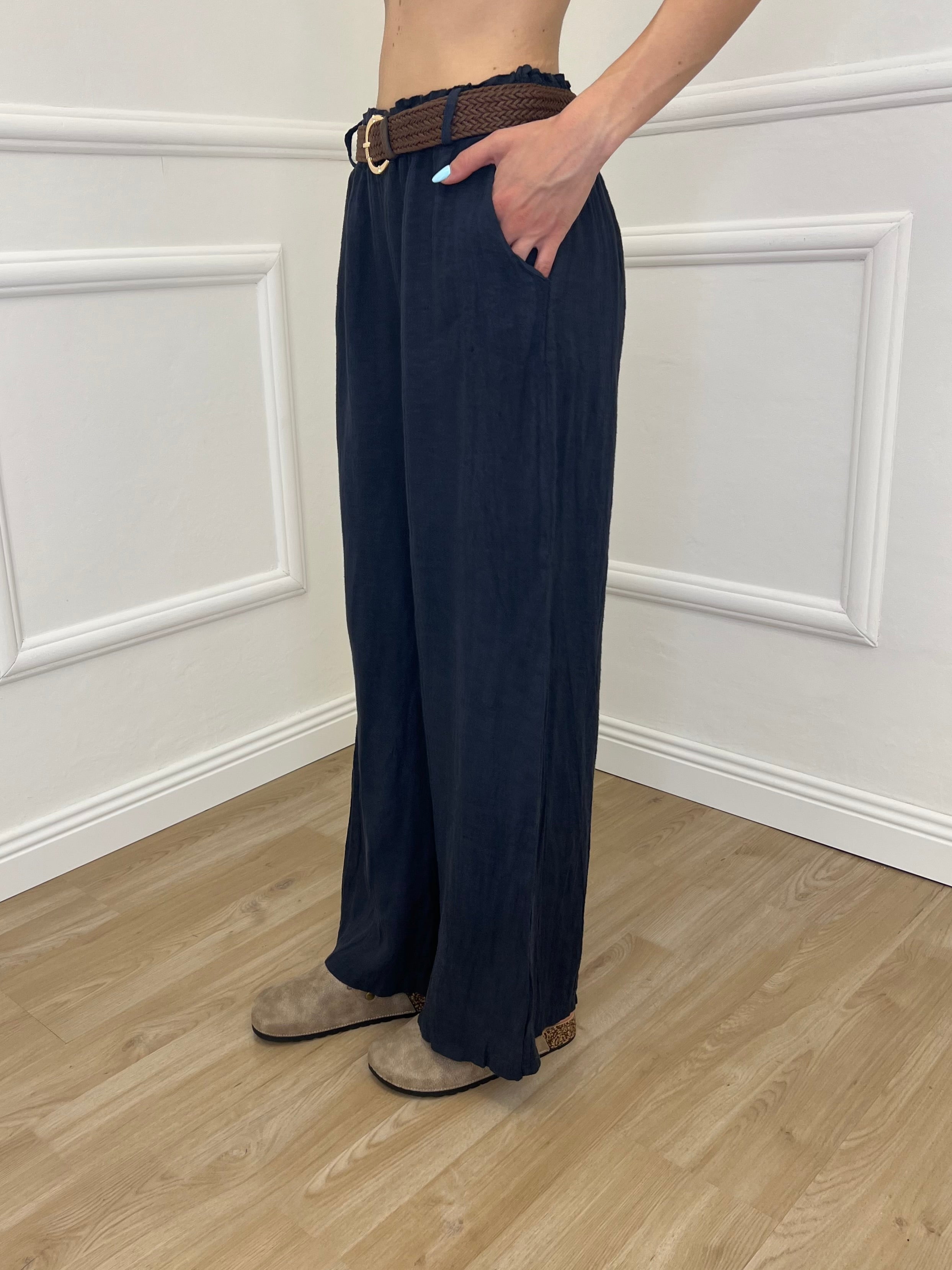 Pantalone Lino Cintura 22525 Blu