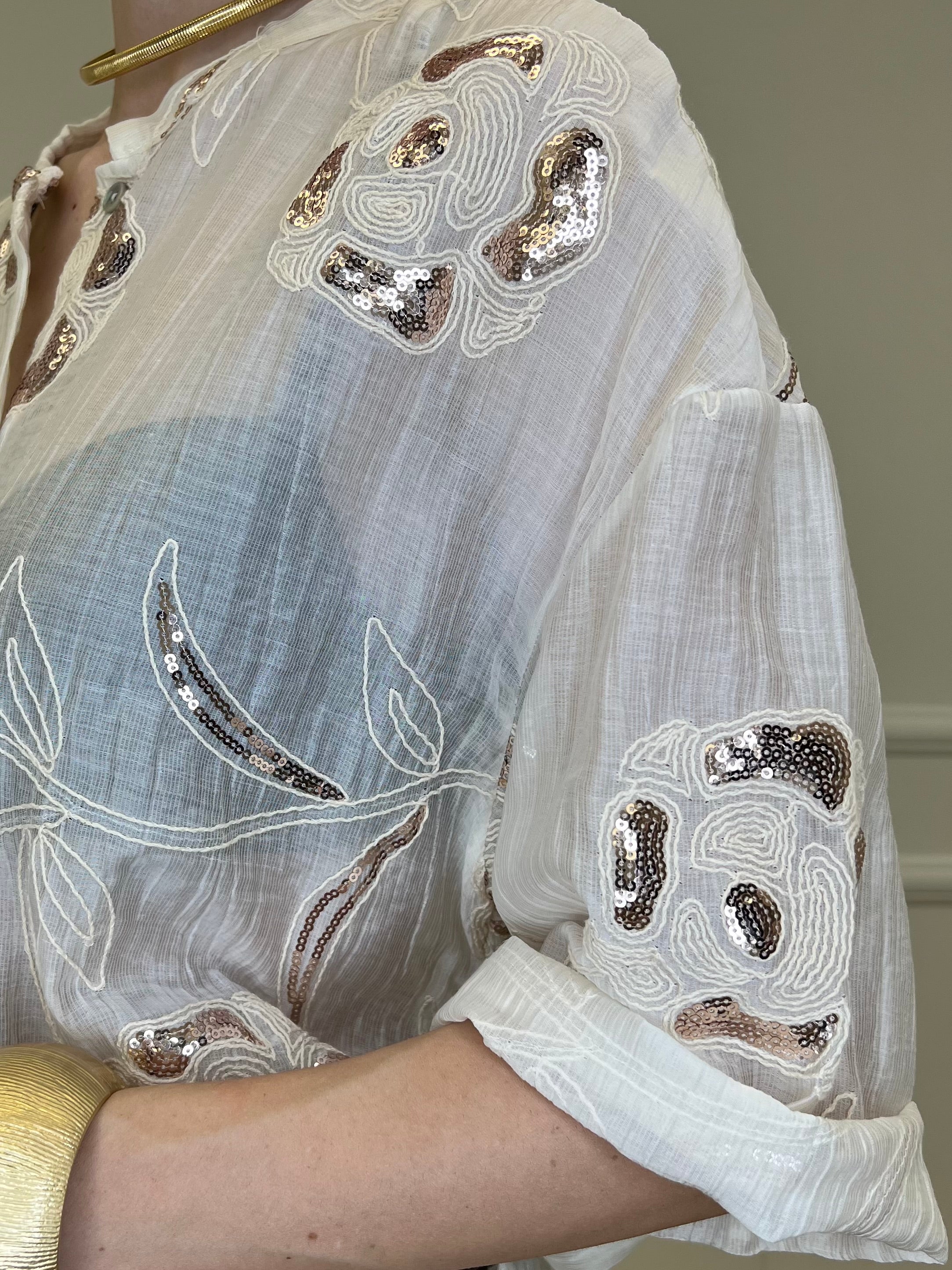 Camicia Strop Ricami e Paillettes 93-A03 Ecru