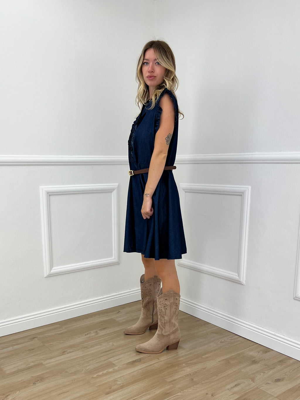 Abito Corto Chambray Rouches 2607 Blu