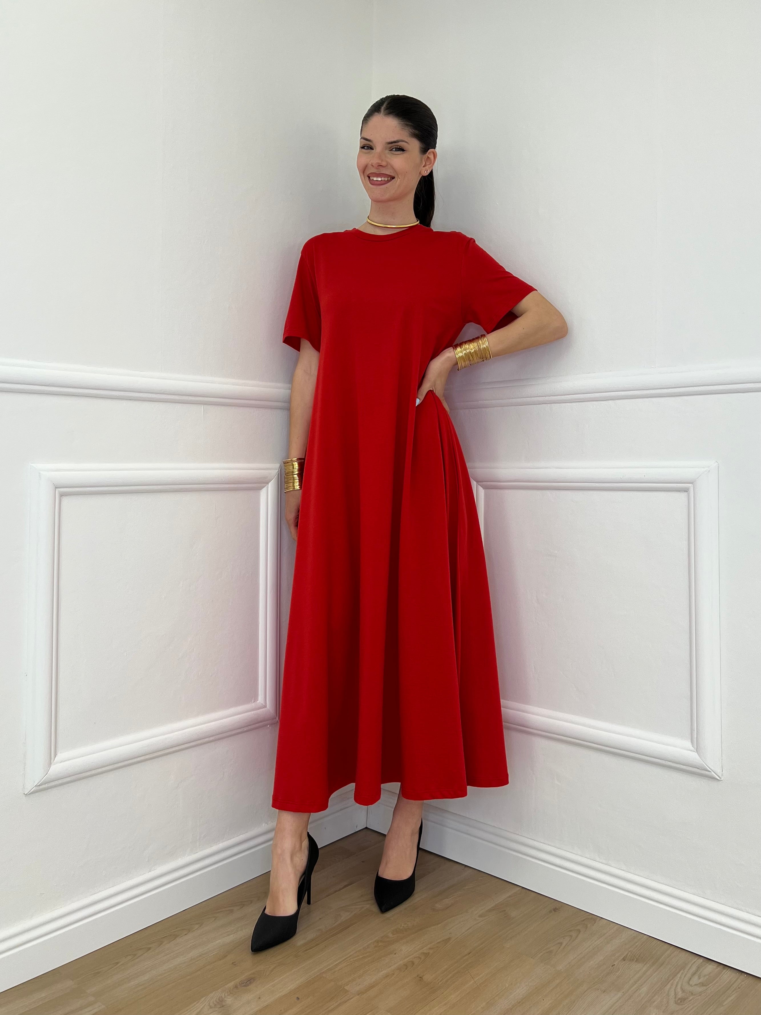 Abito Lungo Con Tasche Lumina L7728 Rosso