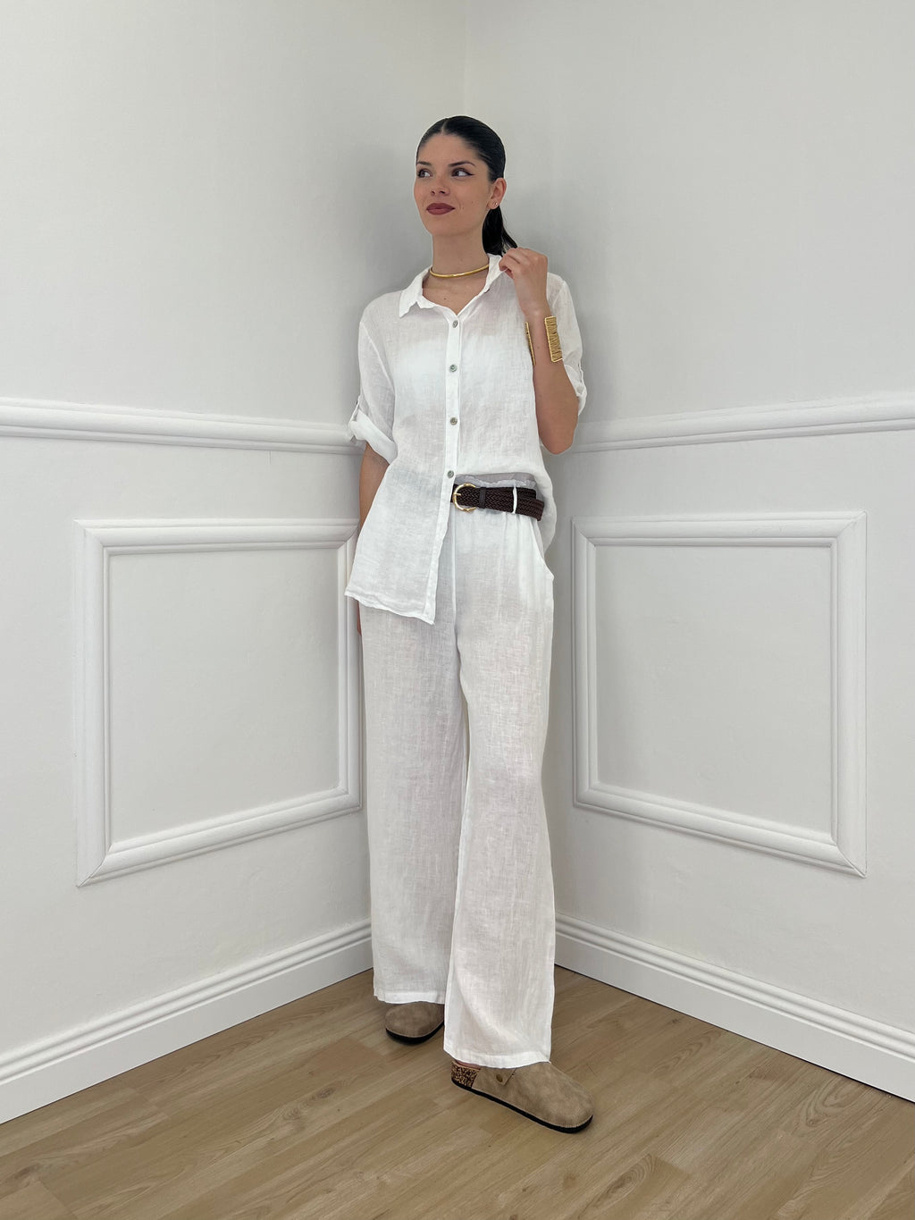 Pantalone Lino Cintura 22525 Bianco