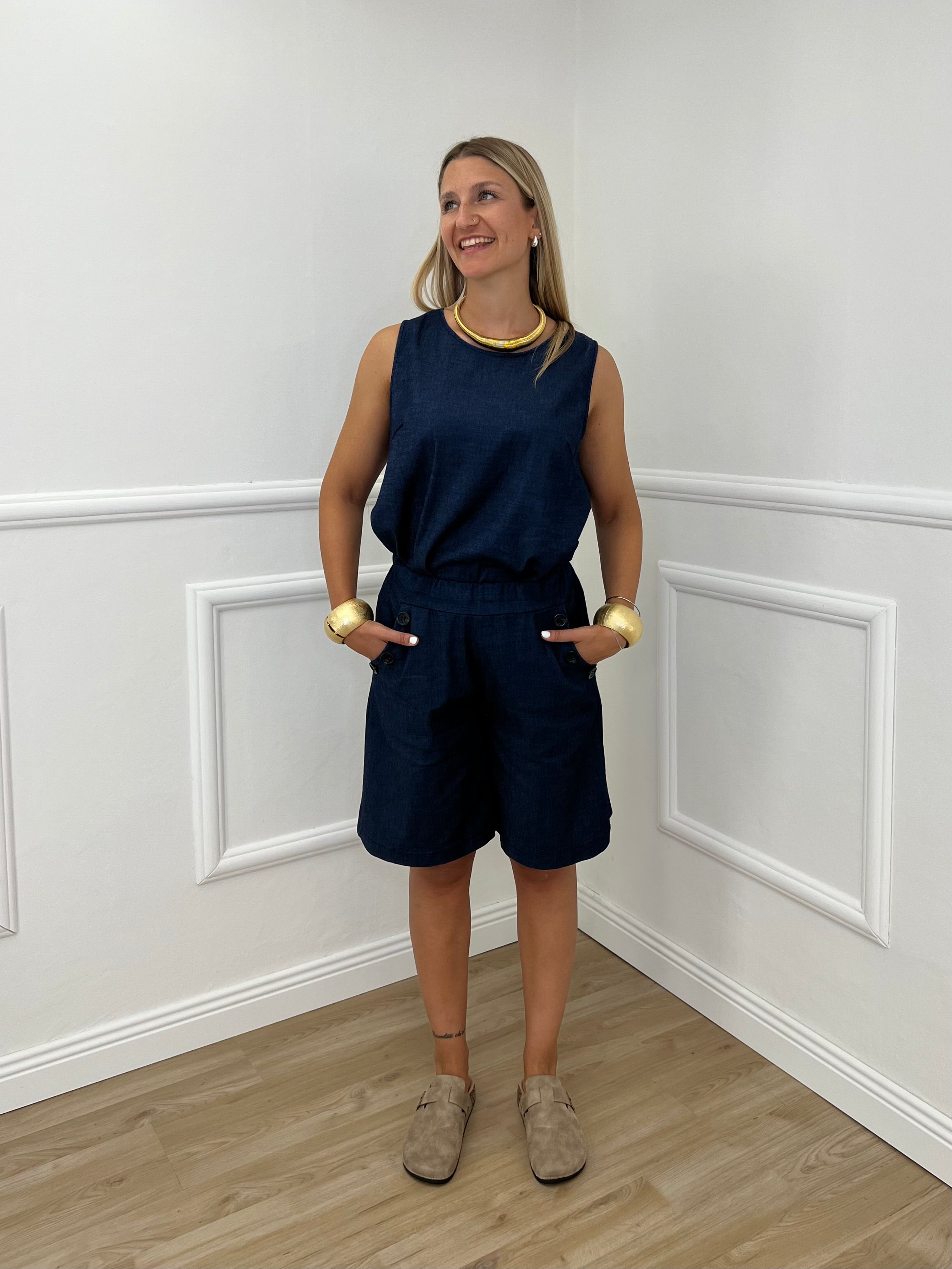 Blusa Chambray Smanicata Bottoni 2543 Blu