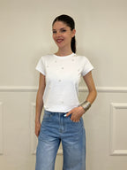 T-shirt Fiori Paillettes e Cristalli 5256 Bianco