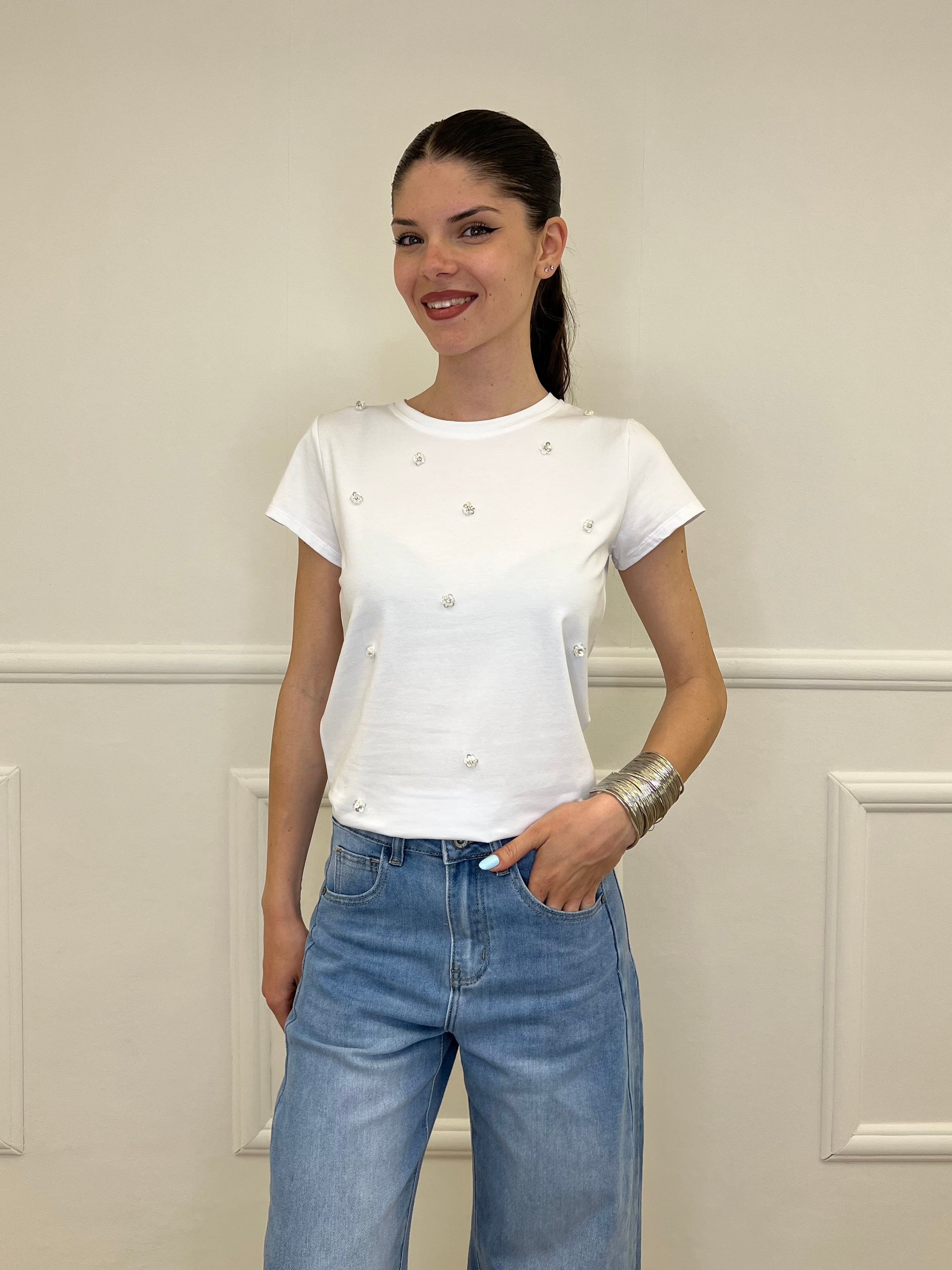 T-shirt Fiori Paillettes e Cristalli 5256 Bianco