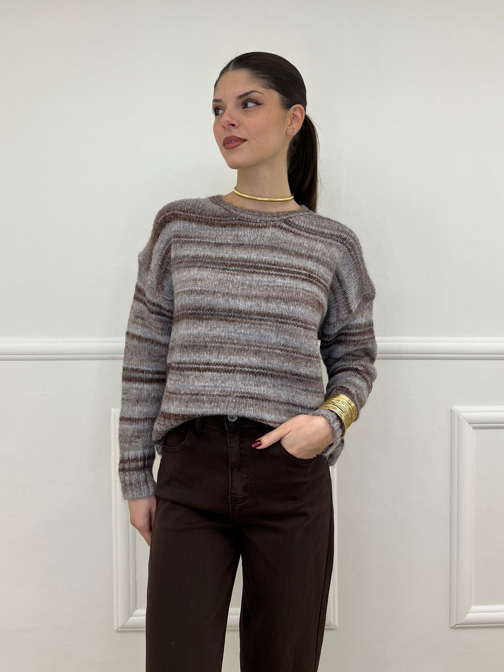 Maglia Girocollo Multicolor 25205 Marrone