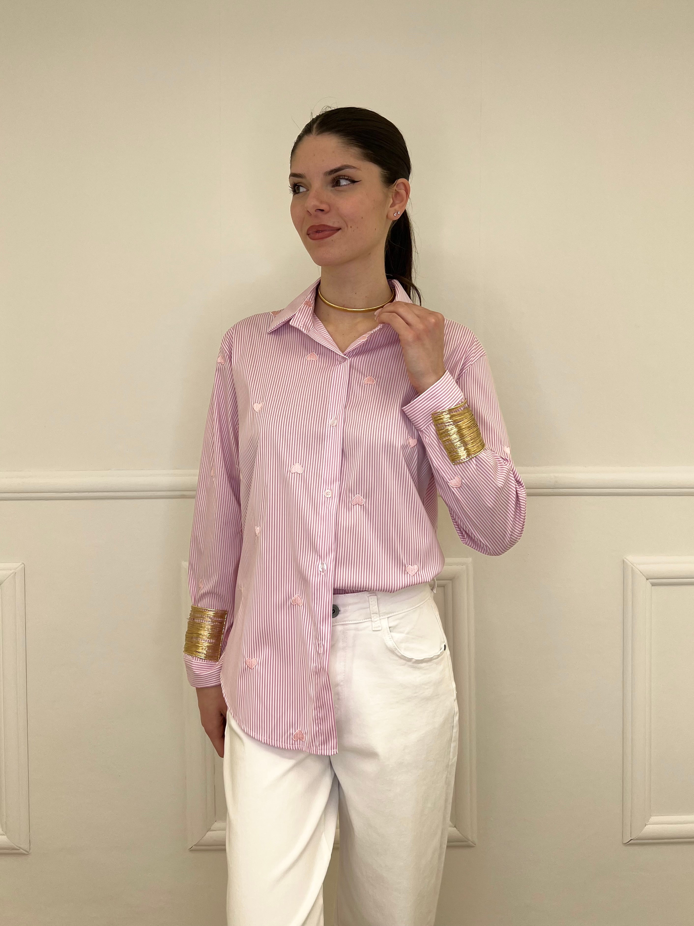 Camicia a Righe Cuori Ricamati 121255 Rosa