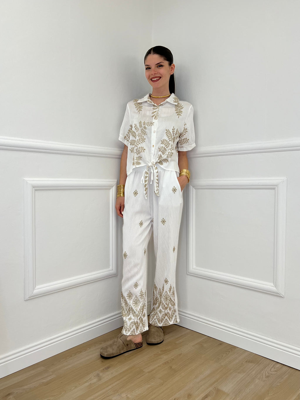 Pantalone Ricami Lurex Z18127 Bianco