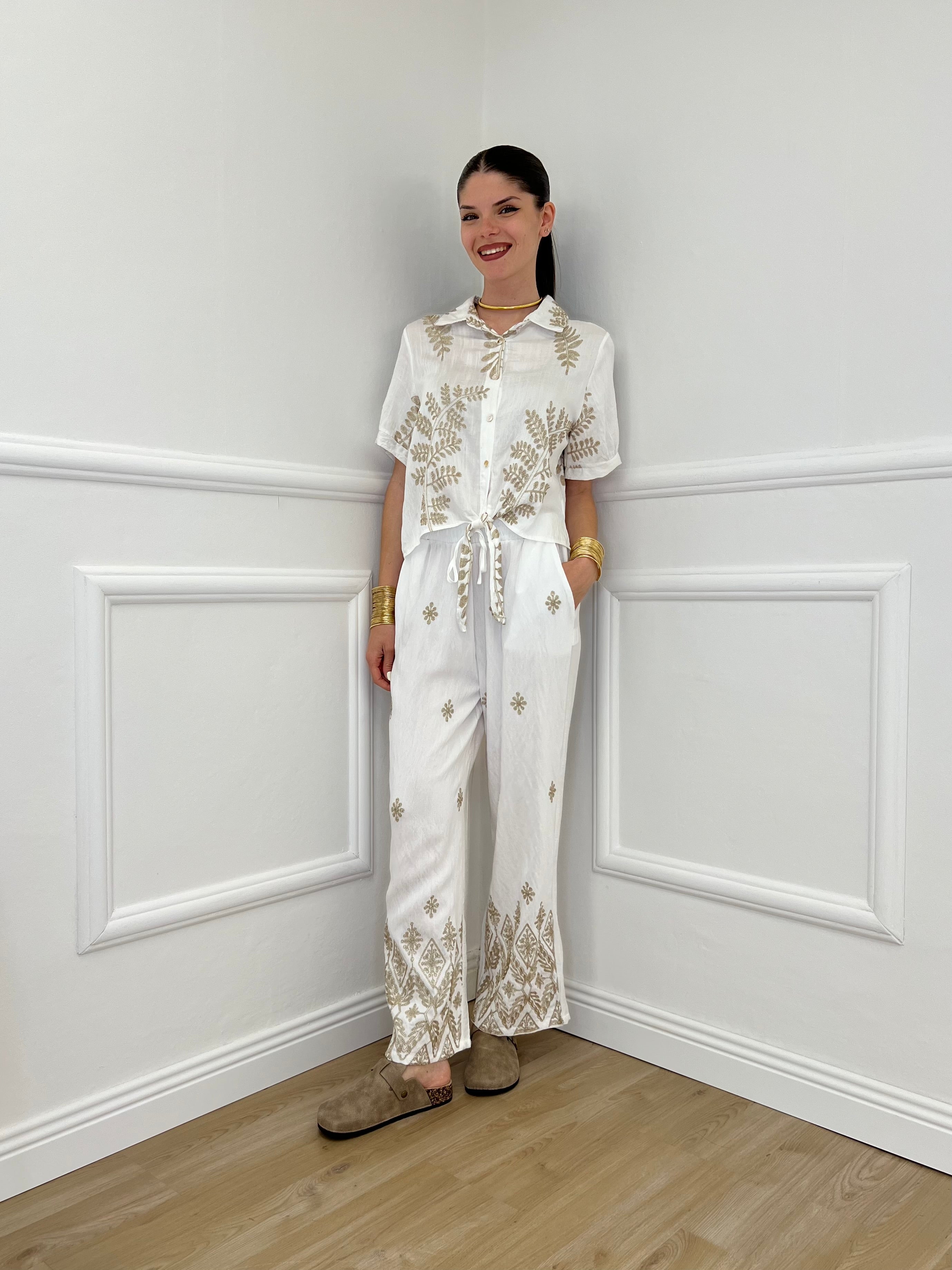 Pantalone Ricami Lurex Z18127 Bianco