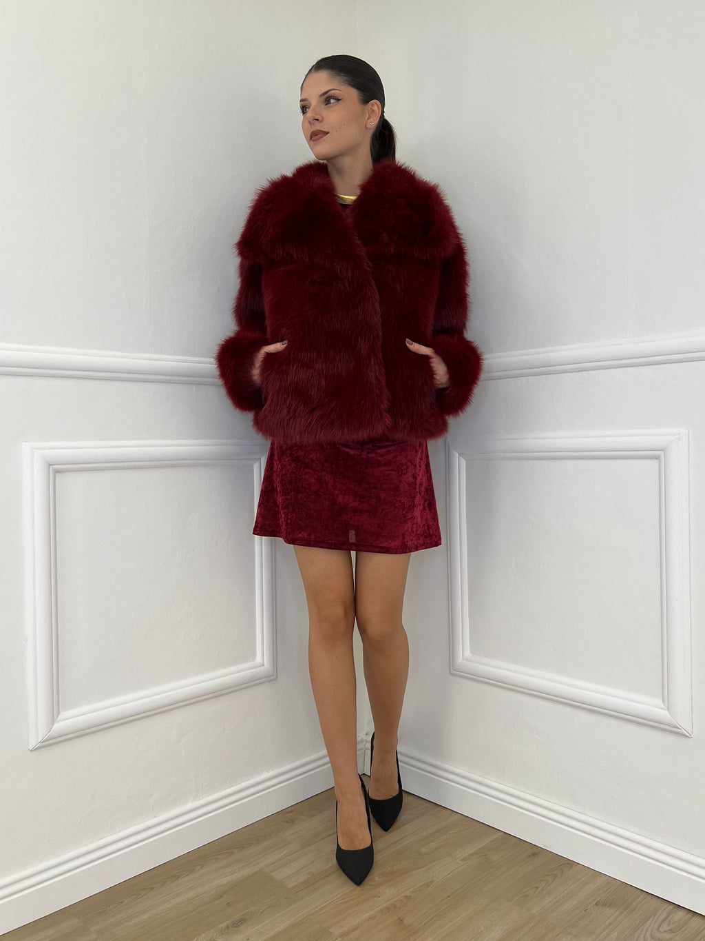 Double-Breasted Fur Coat Y0238 Bordeaux