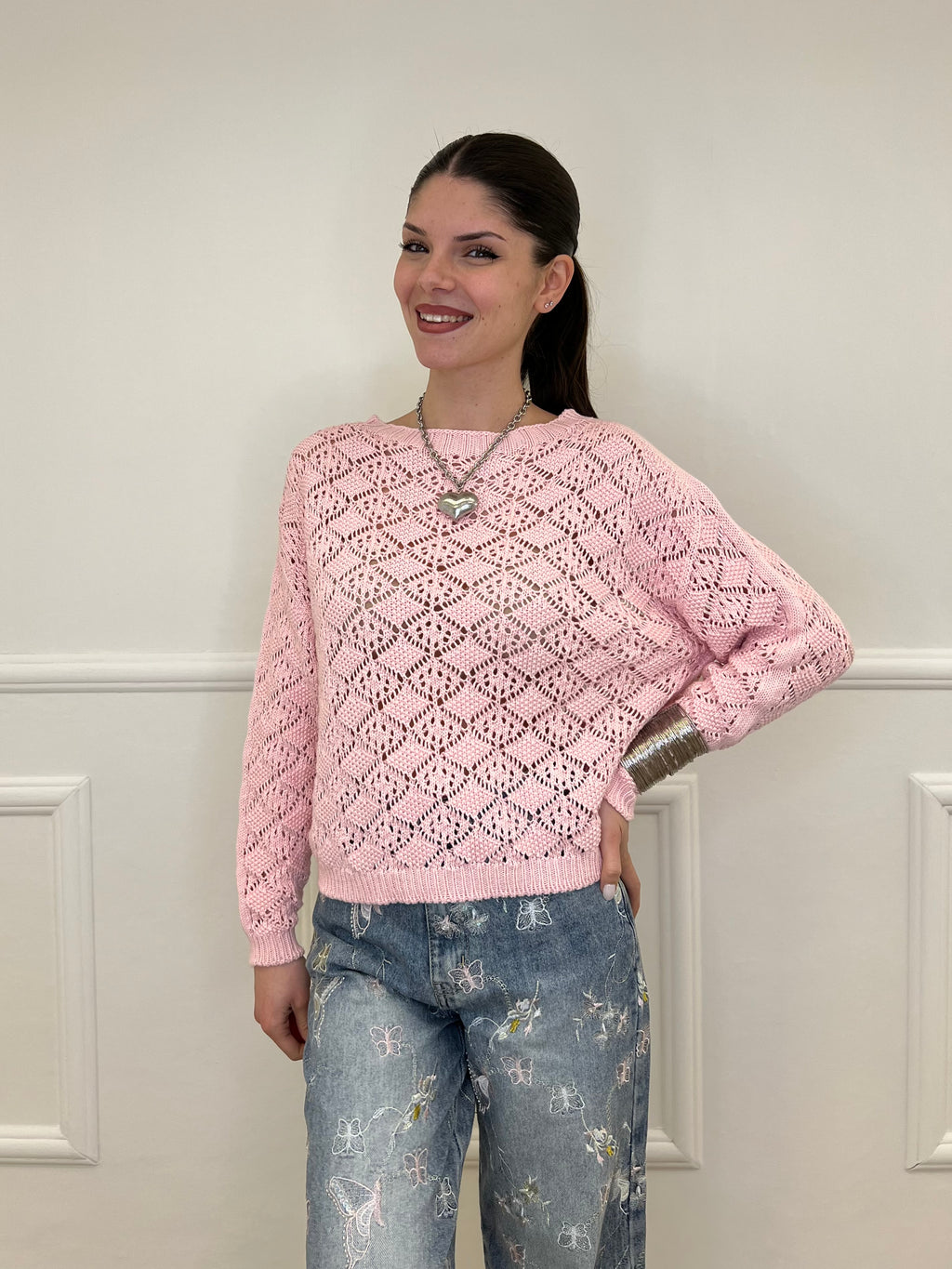 Maglia Jacquard Traforata 82618 Rosa