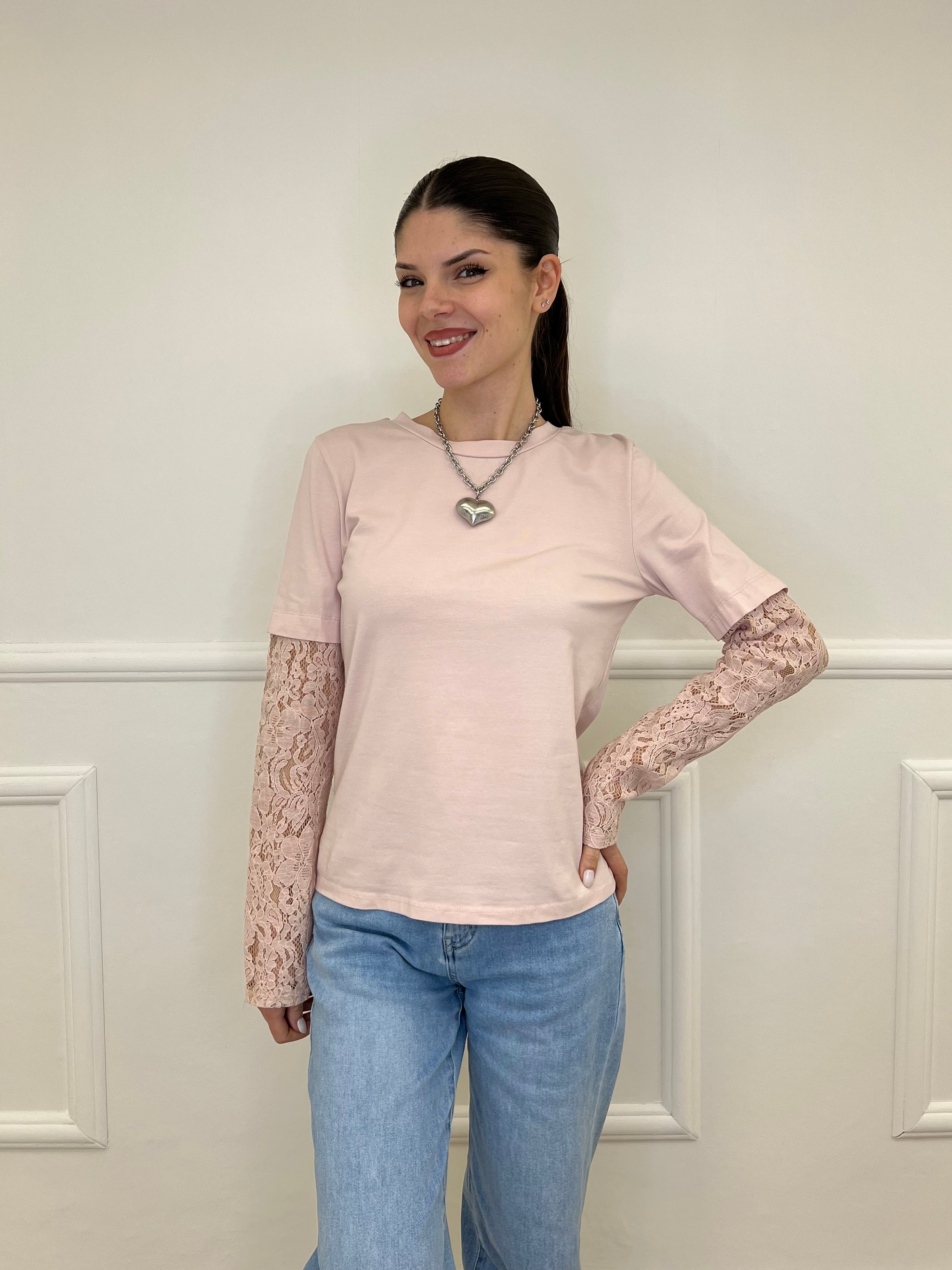 T-Shirt Con Maniche In Pizzo T10575 Rosa