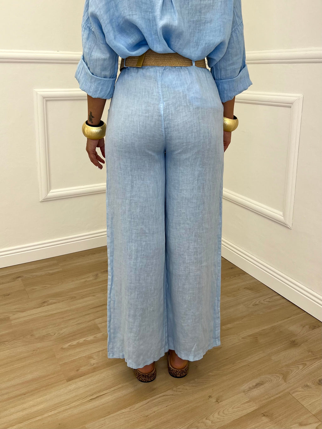 Pantalone Lino Cintura 22525-2 Azzurro
