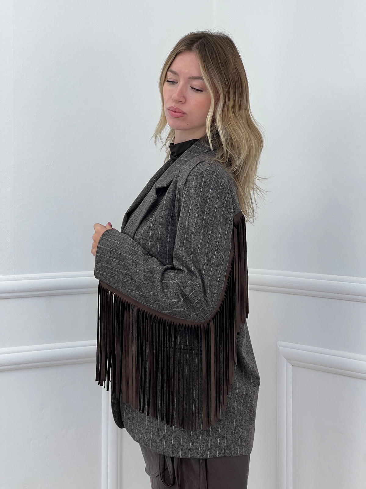 Blazer a Righe con Frange 4705 Marrone