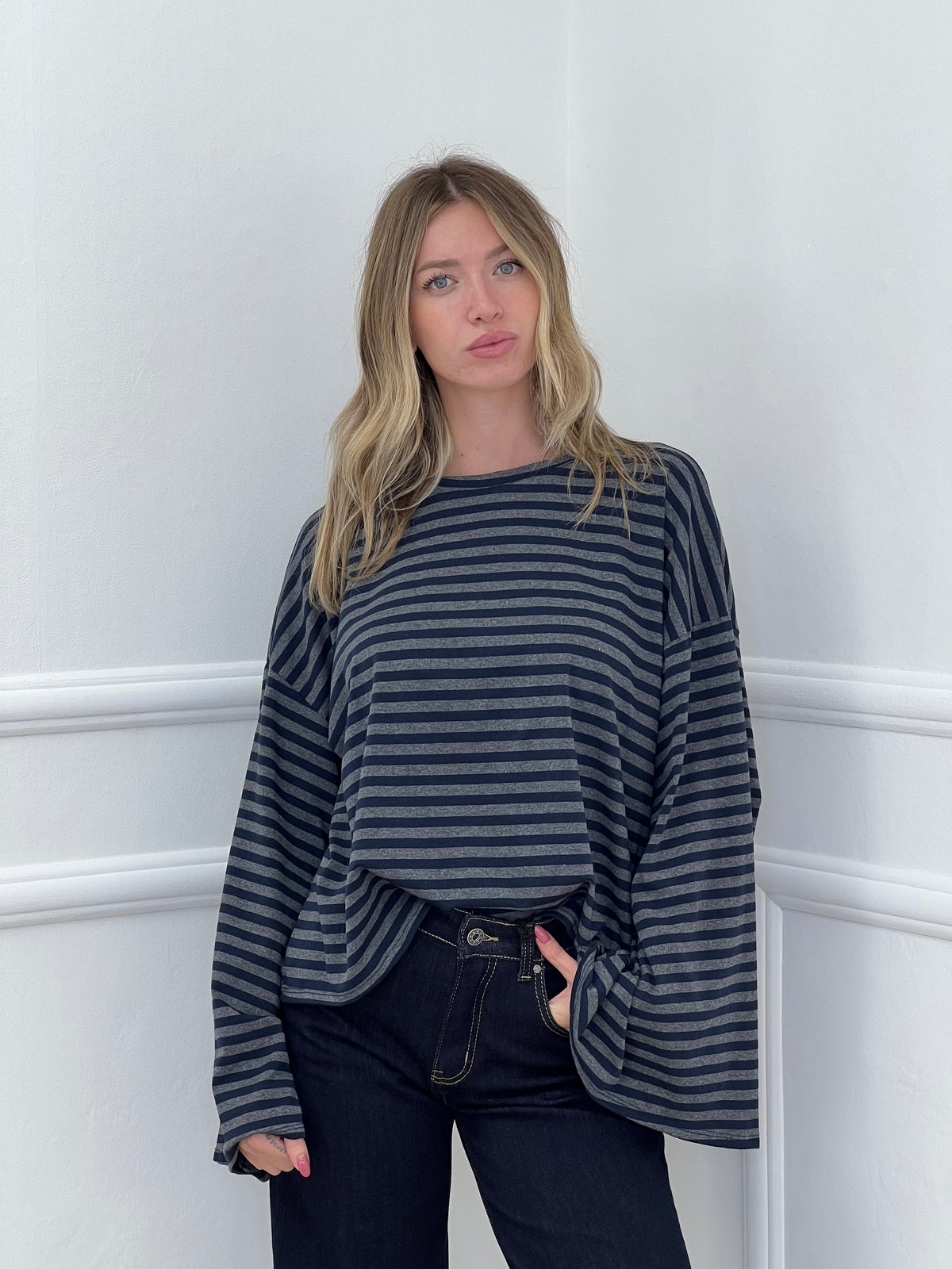 T-shirt Righe Maniche Ampie BM270 Grigio e Blu