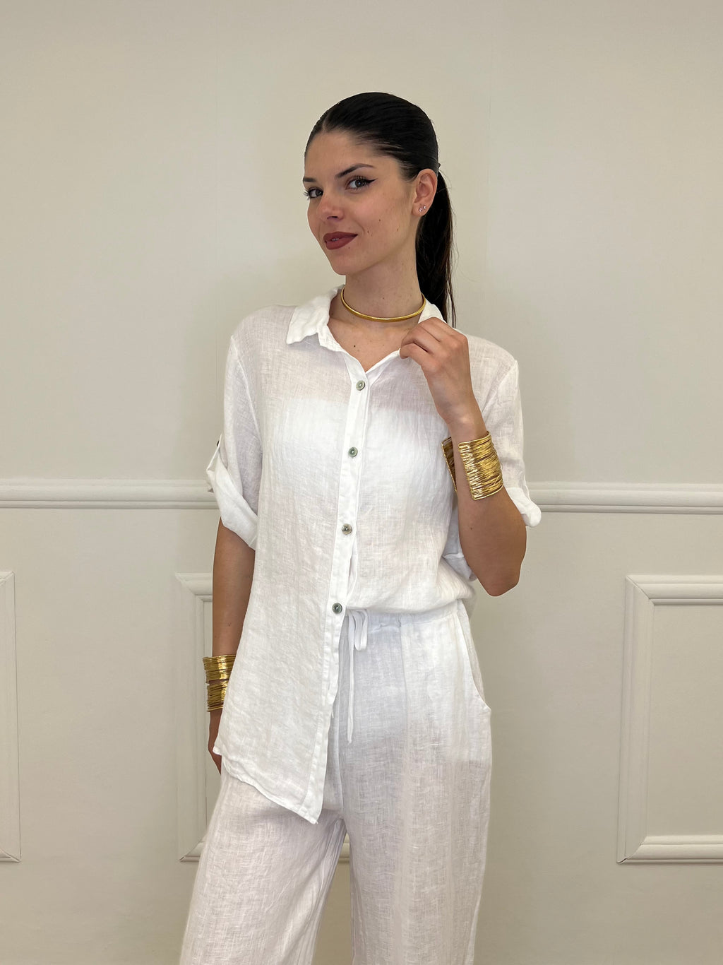 Camicia Maniche 3/4 in Lino 89517 Bianco