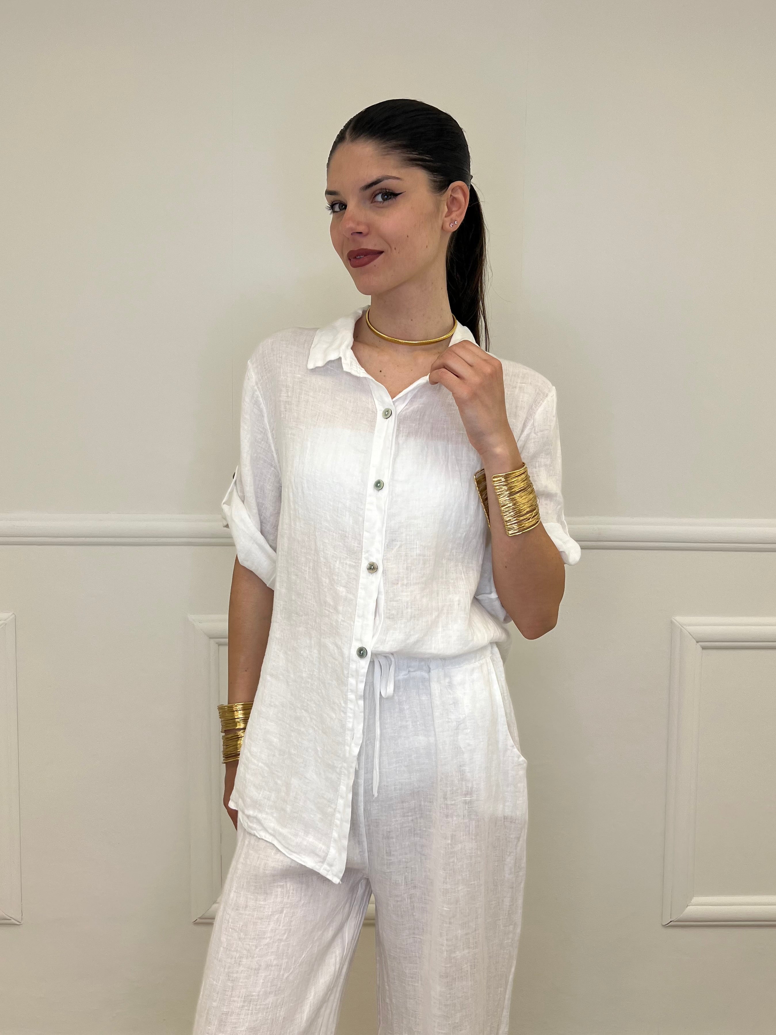 Camicia Maniche 3/4 in Lino 89517 Bianco