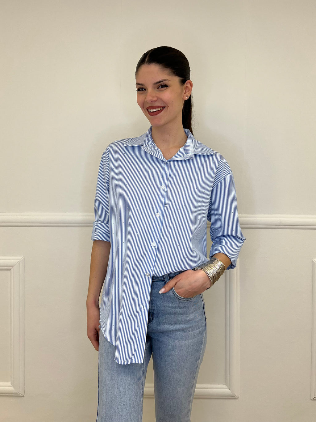 Camicia a Righe Micro Strass 82046 Azzurro