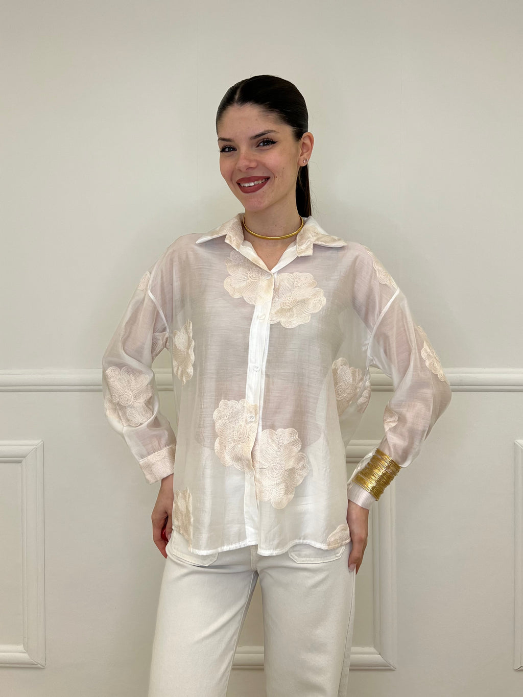 Camicia Tencel Ricami 7357 Ecru