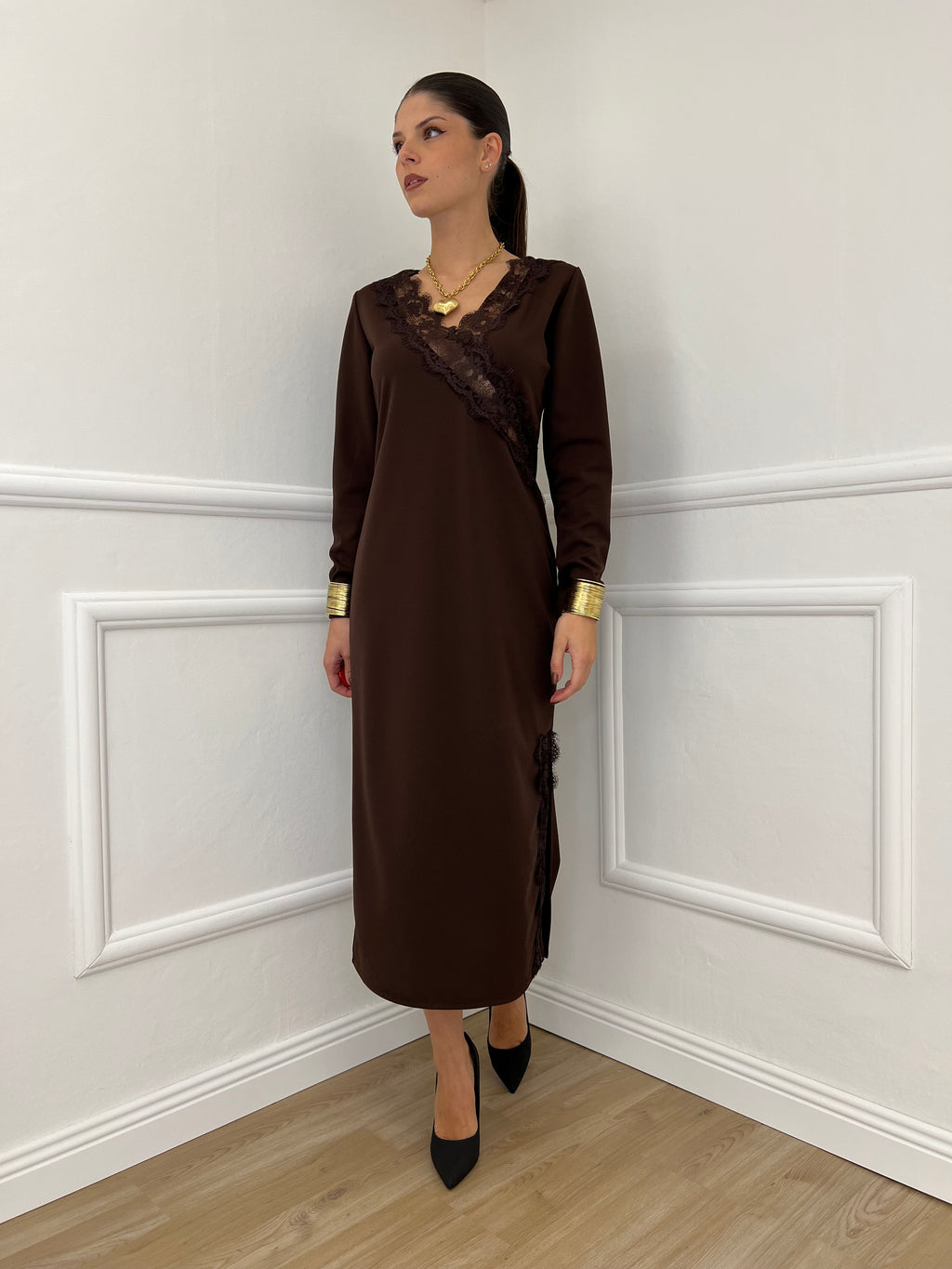 Abito Crepe Pizzo 55743 Marrone