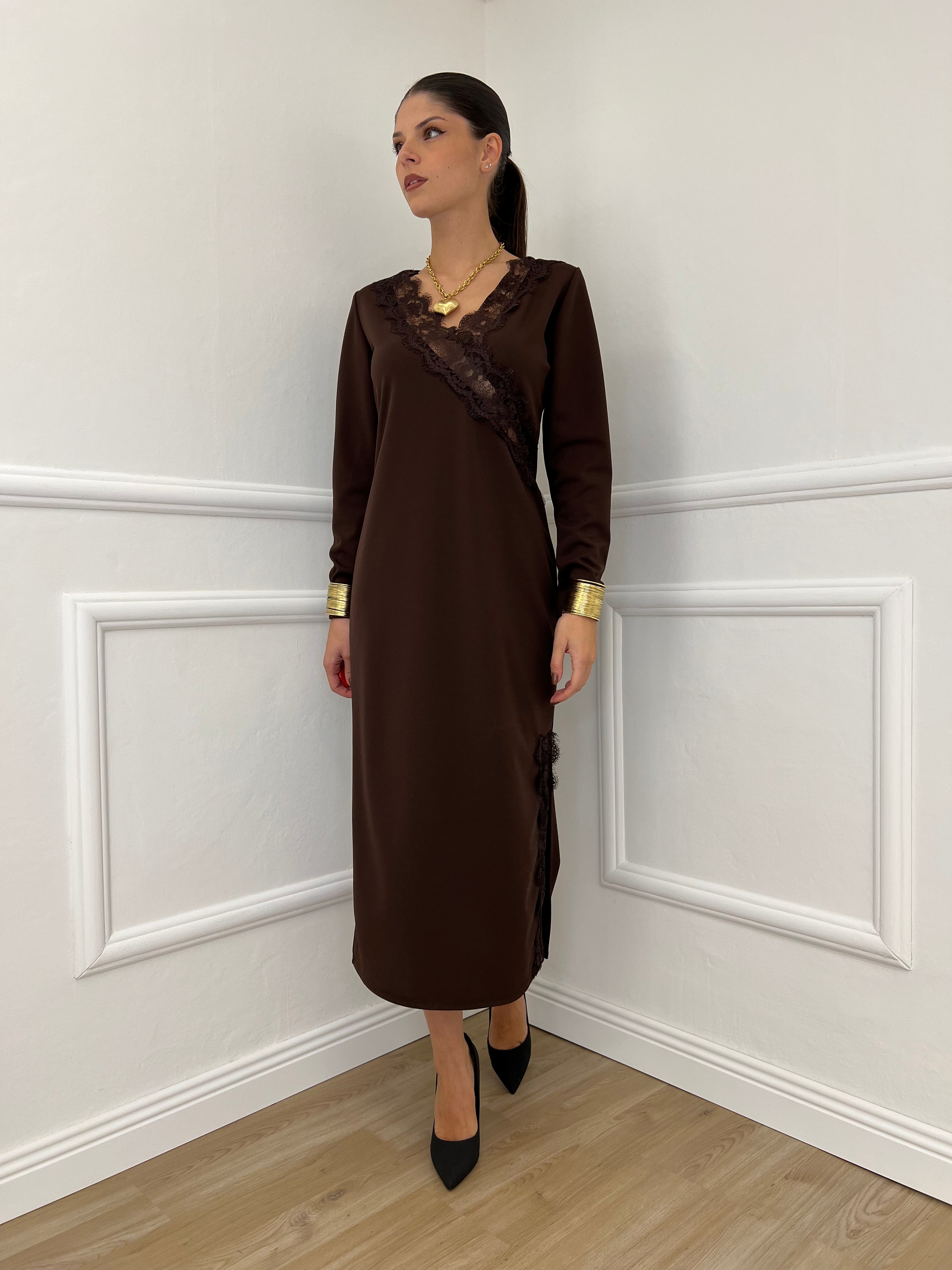 Abito Crepe Pizzo 55743 Marrone