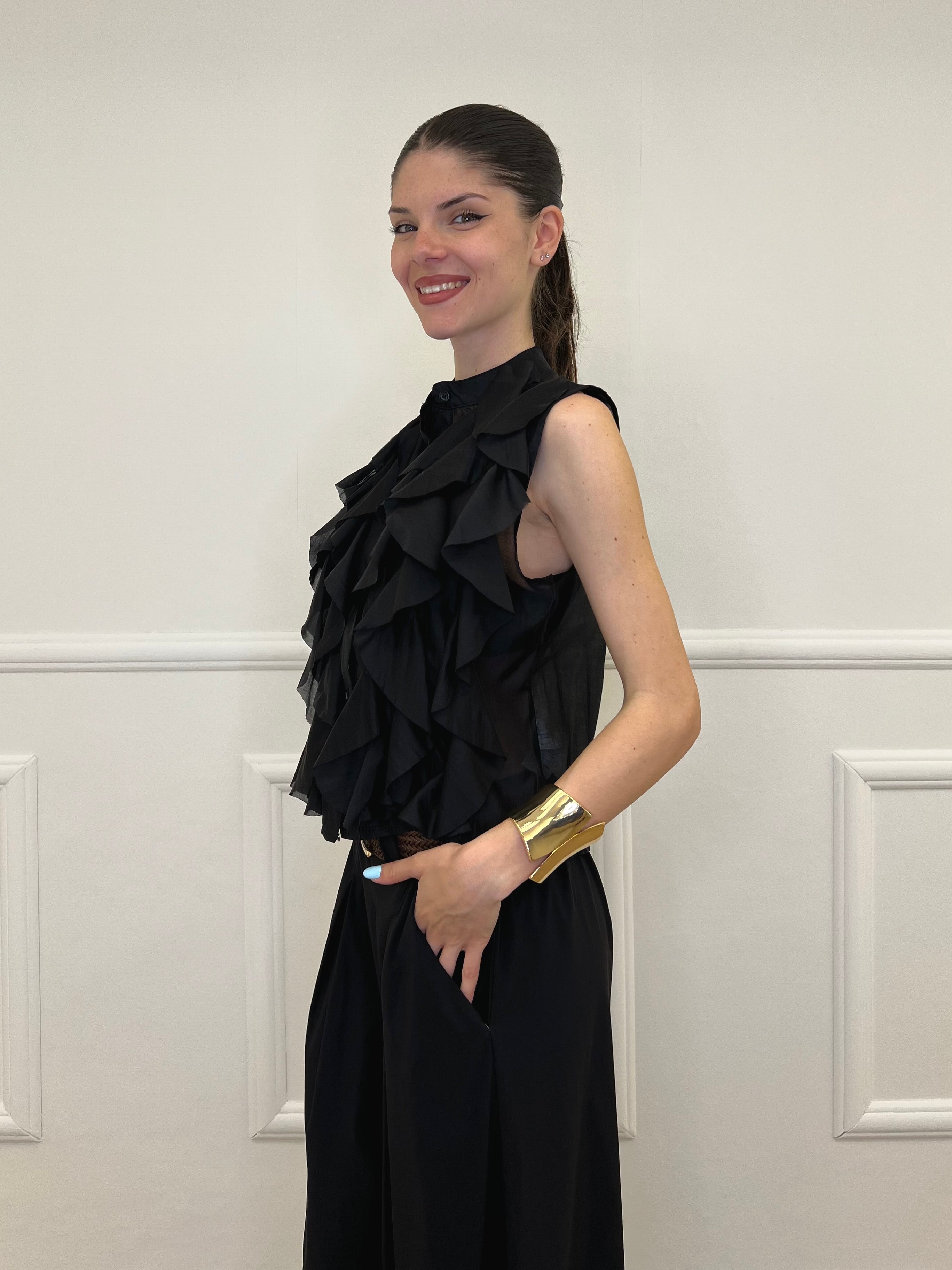 Camicia Smanicata Con Rouches 220-672 Nero