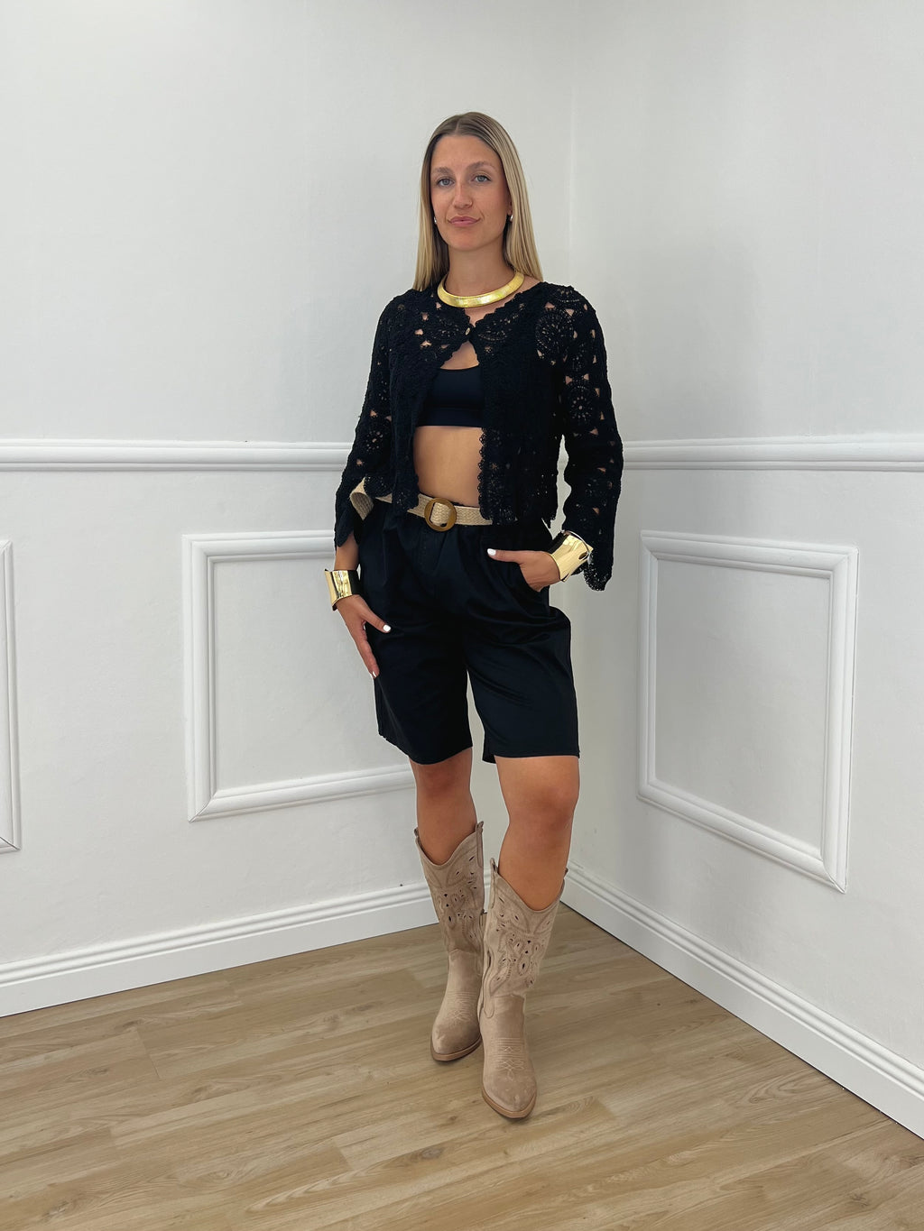 Cardigan Crop Crochet C226 Nero