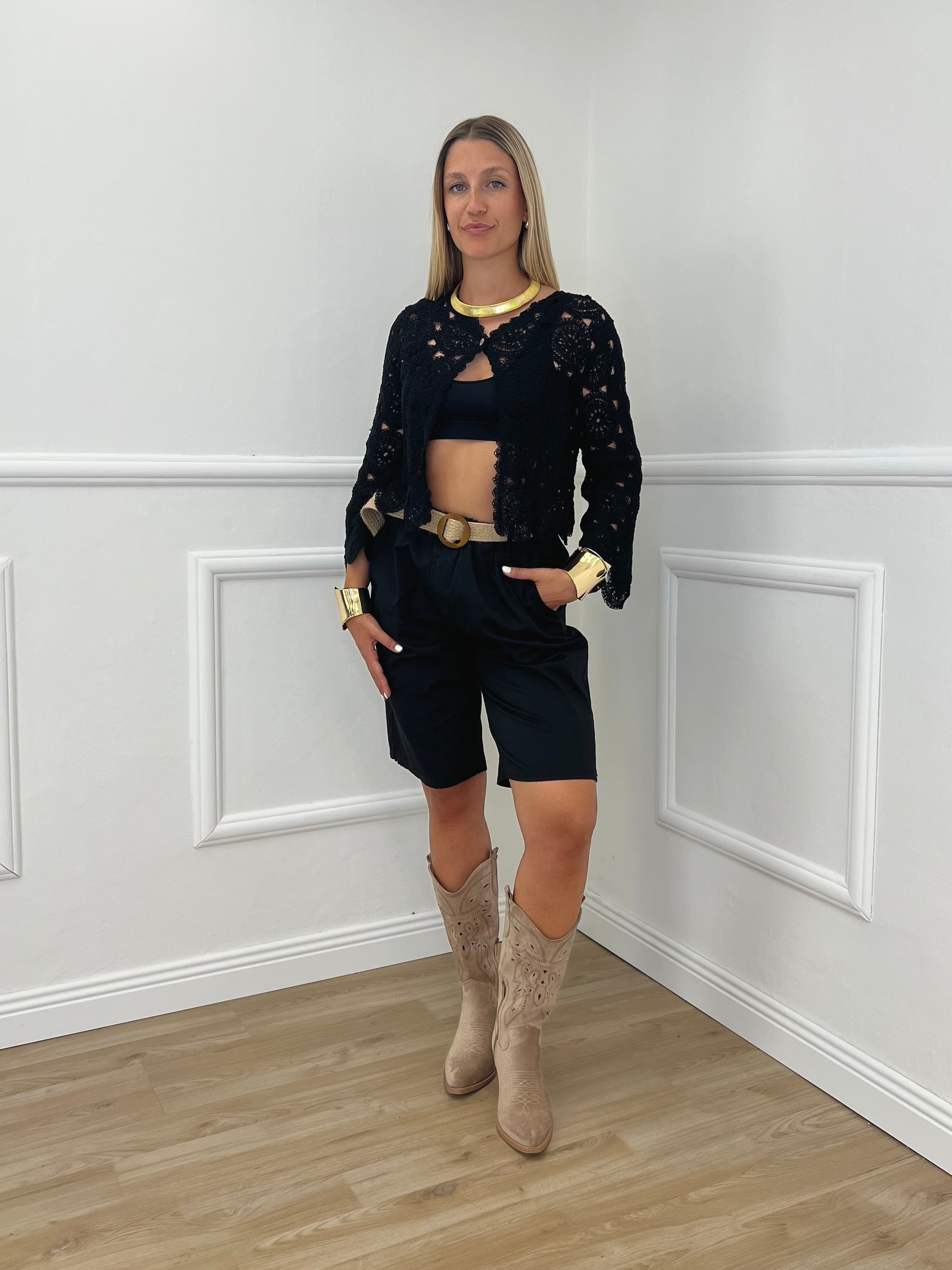 Cardigan Crop Crochet C226 Nero