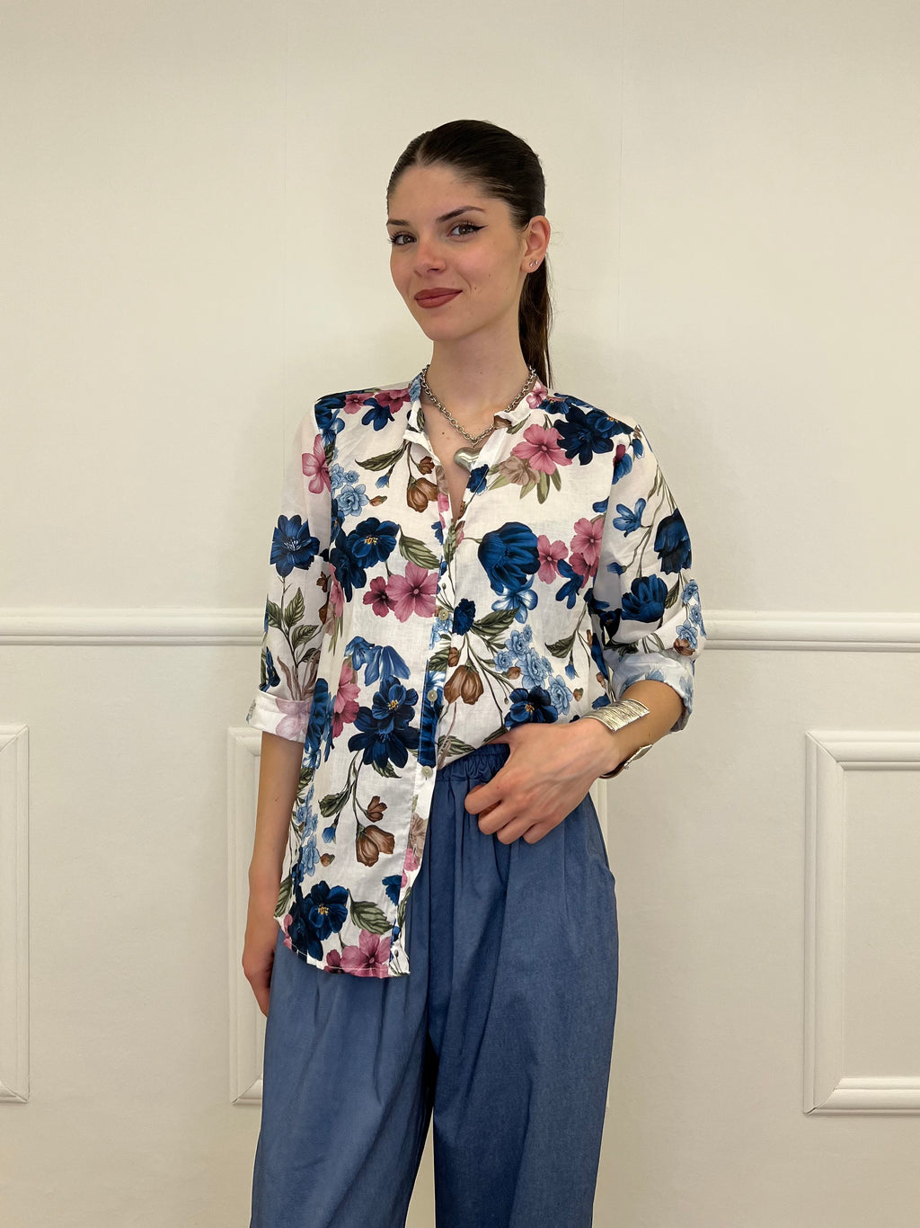 Camicia Fiori Strop Coreana 2588 Blu