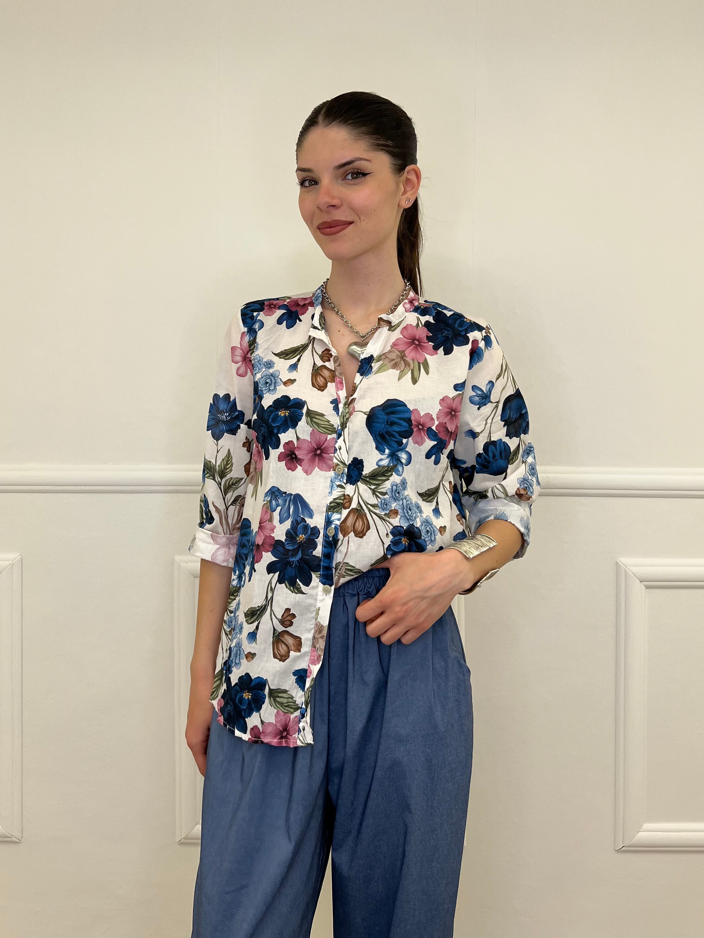 Camicia Fiori Strop Coreana 2588 Blu