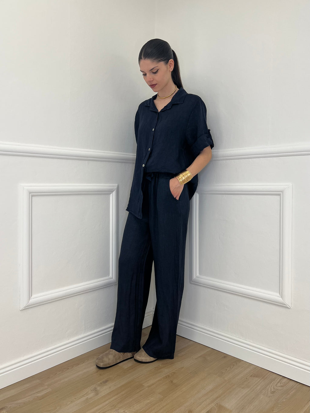 Camicia Maniche 3/4 in Lino 89517 Blu
