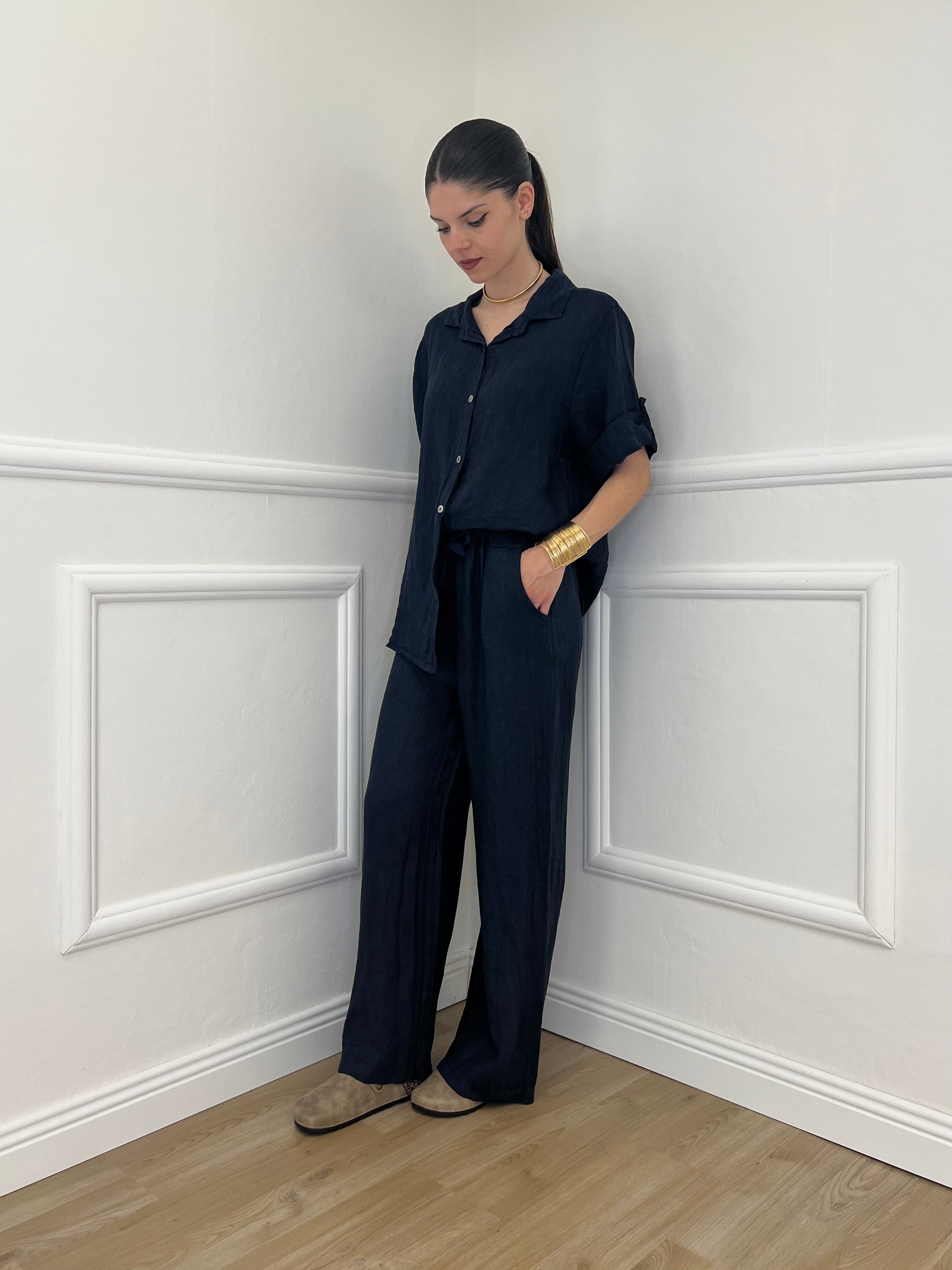Camicia Maniche 3/4 in Lino 89517 Blu