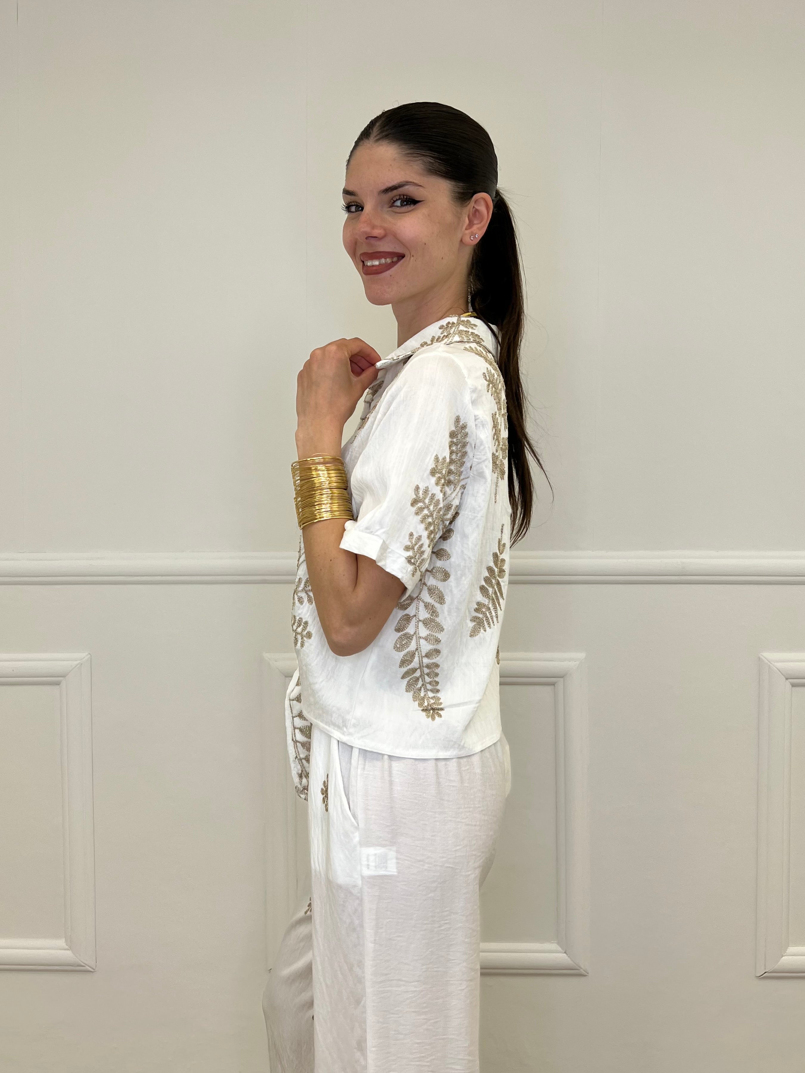 Camicia Nodo Ricami Lurex 18107 Bianco
