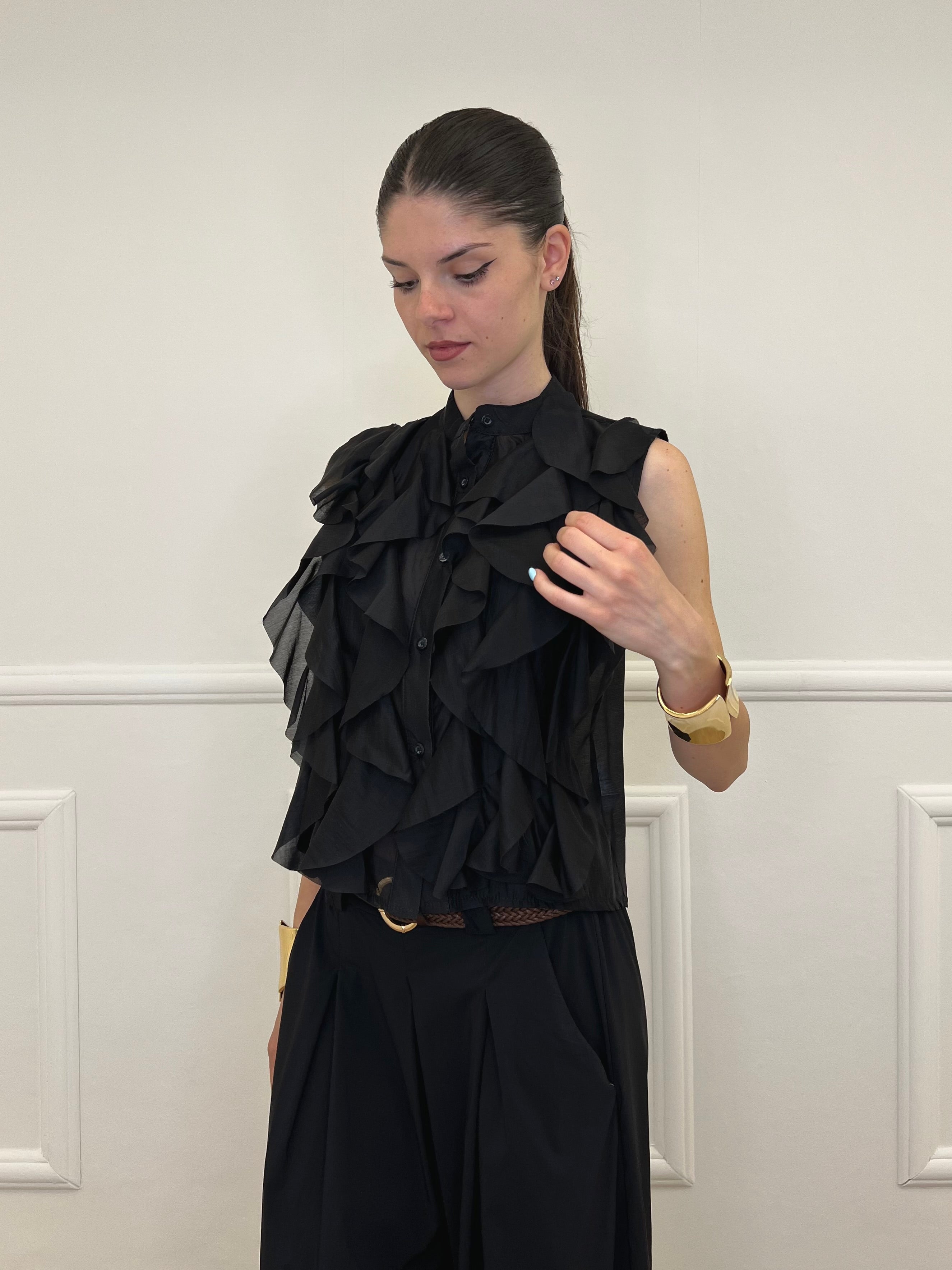 Camicia Smanicata Con Rouches 220-672 Nero