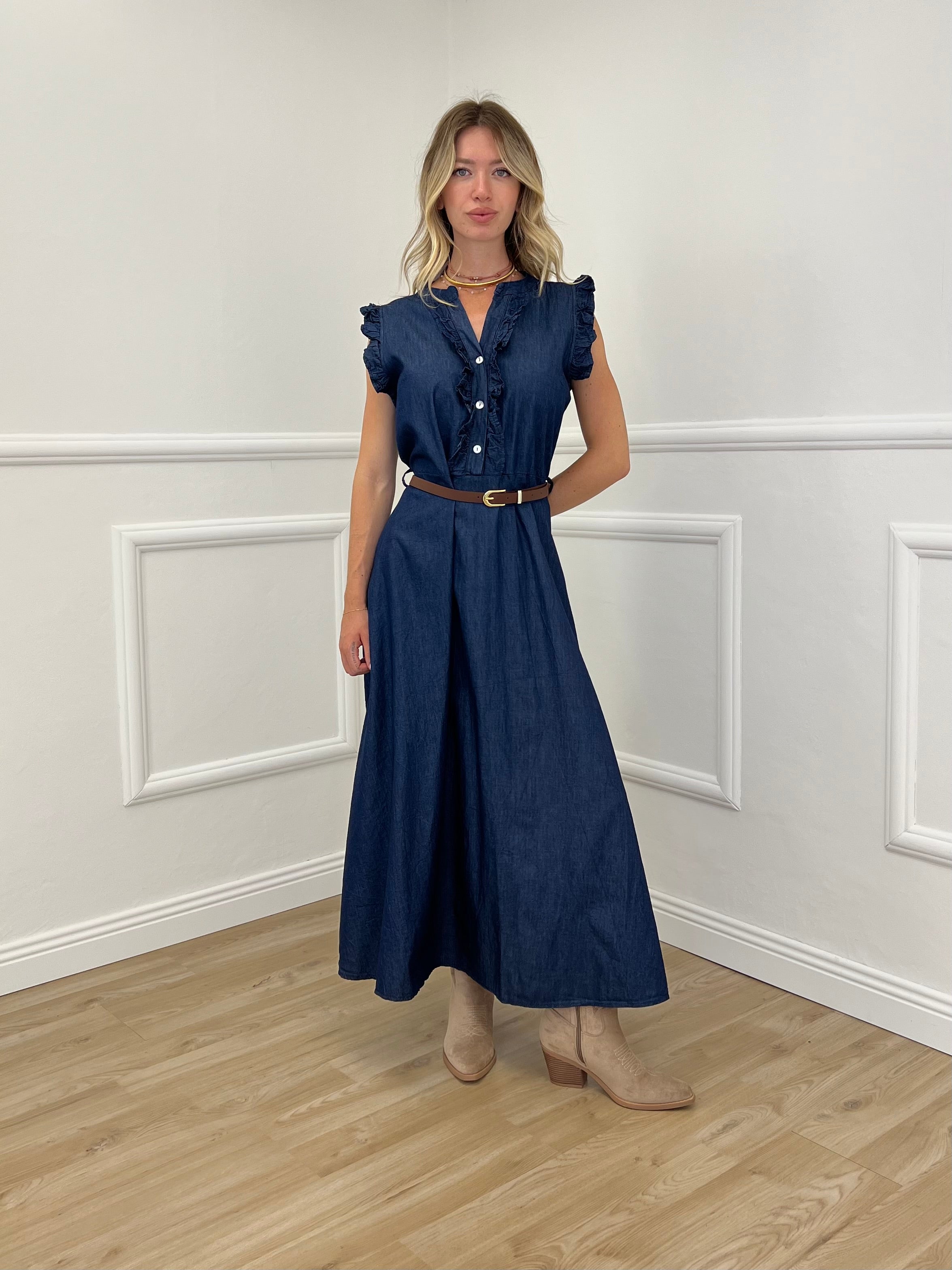 Abito Lungo Chambray Rouches 2631 Blu